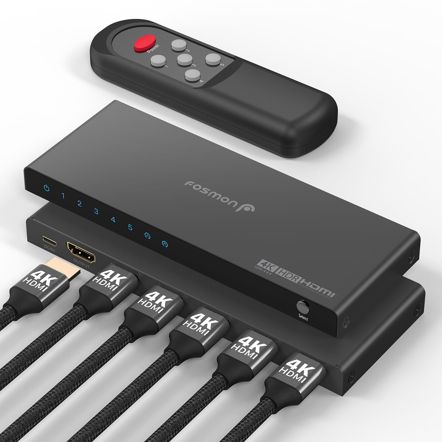 Fosmon - 5 In 1 Out HDMI Splitter With Remote, HDMI 2.0 4K@60Hz HDMI Switch Switcher Selector Box, Supports HDR HDCP 2.2 - Black