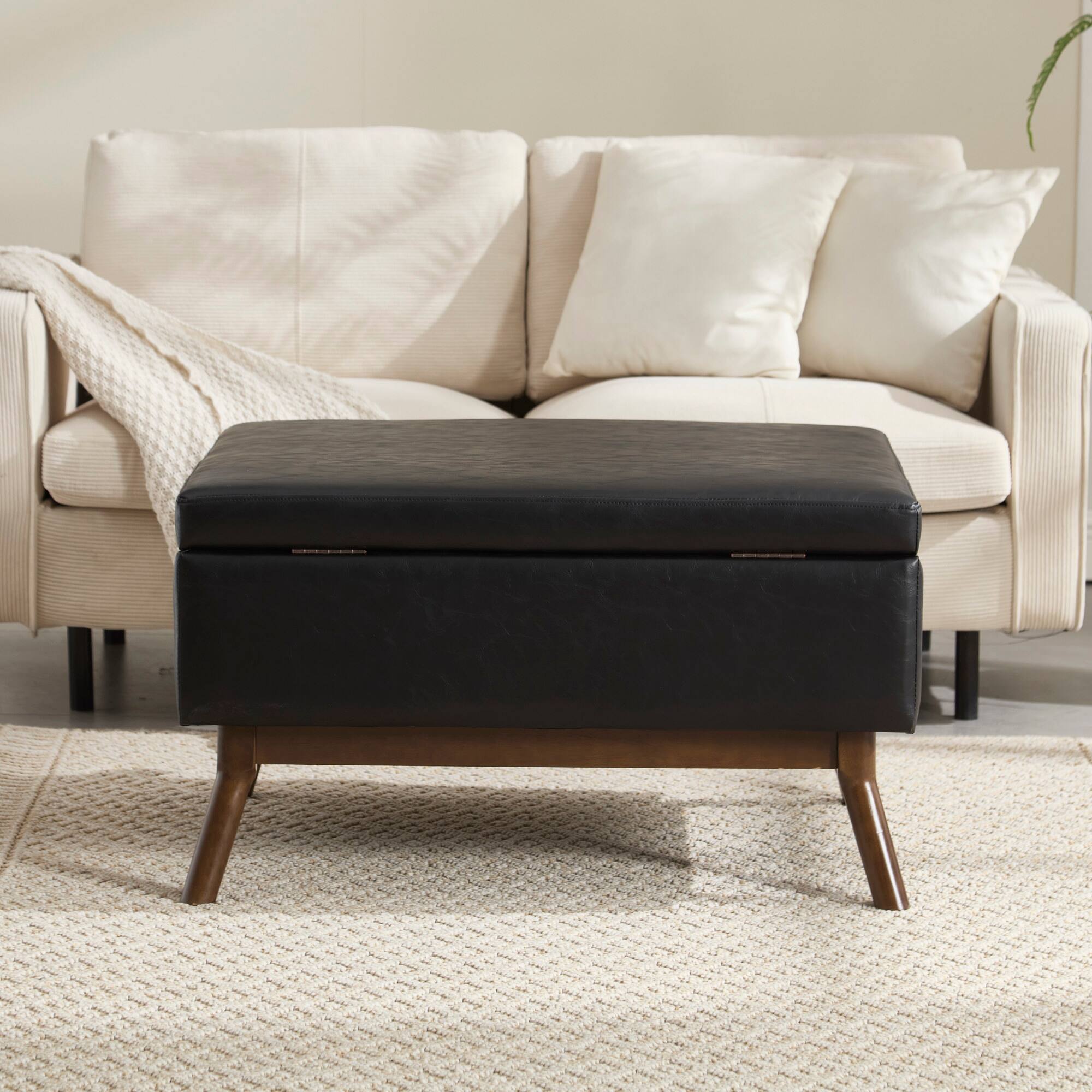 Alt View 10. GOODSILO - Mid-Century Modern Square Storage Ottoman Bench with Lift-Top Lid and Child Safety Hinge - Black PU.