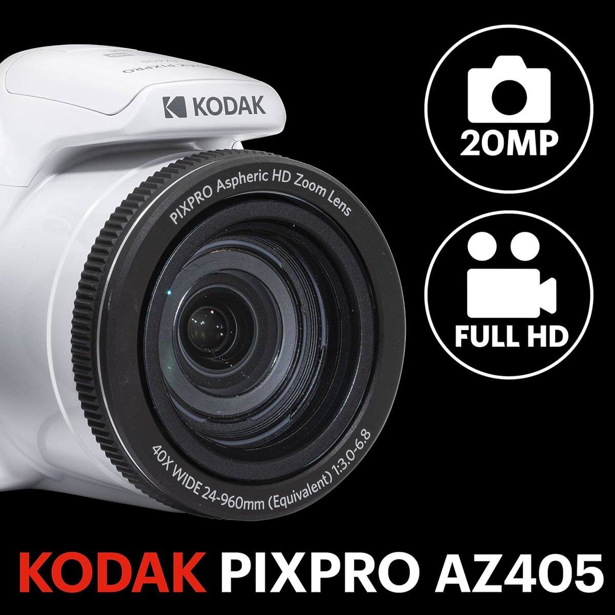 PIXPRO KODAK Aspheric HD Zoom Lens  
20MP  
FULL HD  
40X WIDE (Equivalent) 1:3.0-6.8 24-960mm  
KODAK PIXPRO AZ405