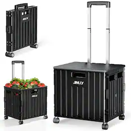 JINLLY - 65L Folding Rolling Utility Cart, Portable Rolling Crate Handcart with 4 Rotate Wheels - Black