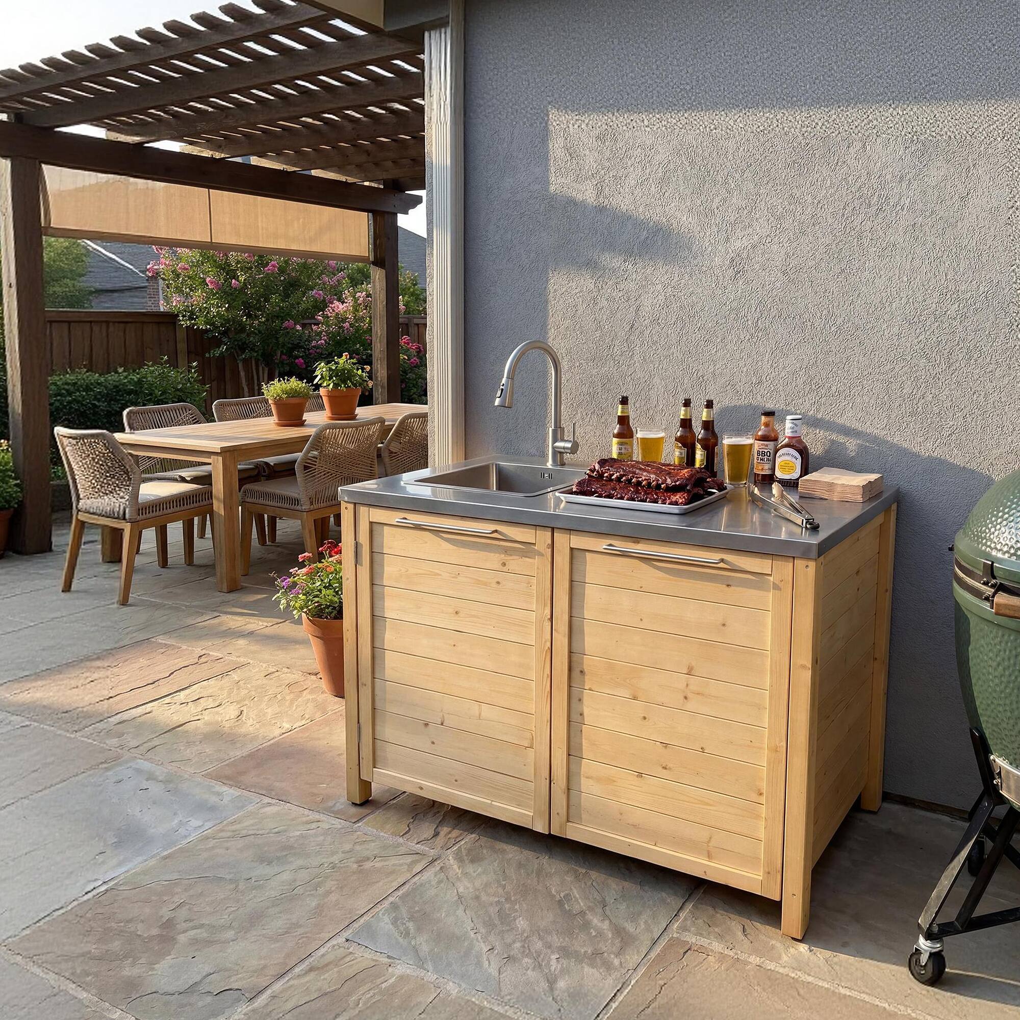 Angle. Famapy - Modular Solid Cedar Outdoor Kitchen Cabinets - All-Weather Storage with Stainless Steel Top for Patio, Grill Station - Wooden.