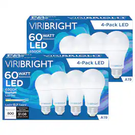 VIRIBRIGHT - 60-Watt EQ A19 E26 LED Light Bulb, Daylight (8-Pack) - 6500K