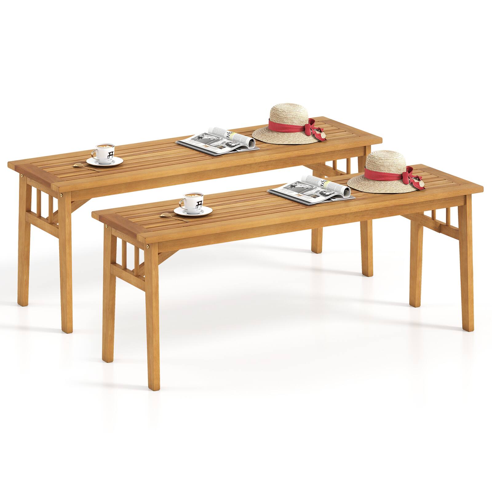 Gymax - 2 PCS Acacia Wood Outdoor Bench 48'' Long Backless Wooden Picnic Bench w/ Slatted Seat - Yellow