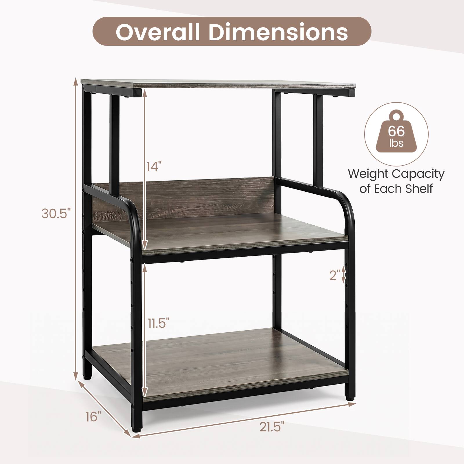 Overall Dimensions: 30.5" x 21.5" x 16"  
Weight Capacity of Each Shelf: 66 lbs