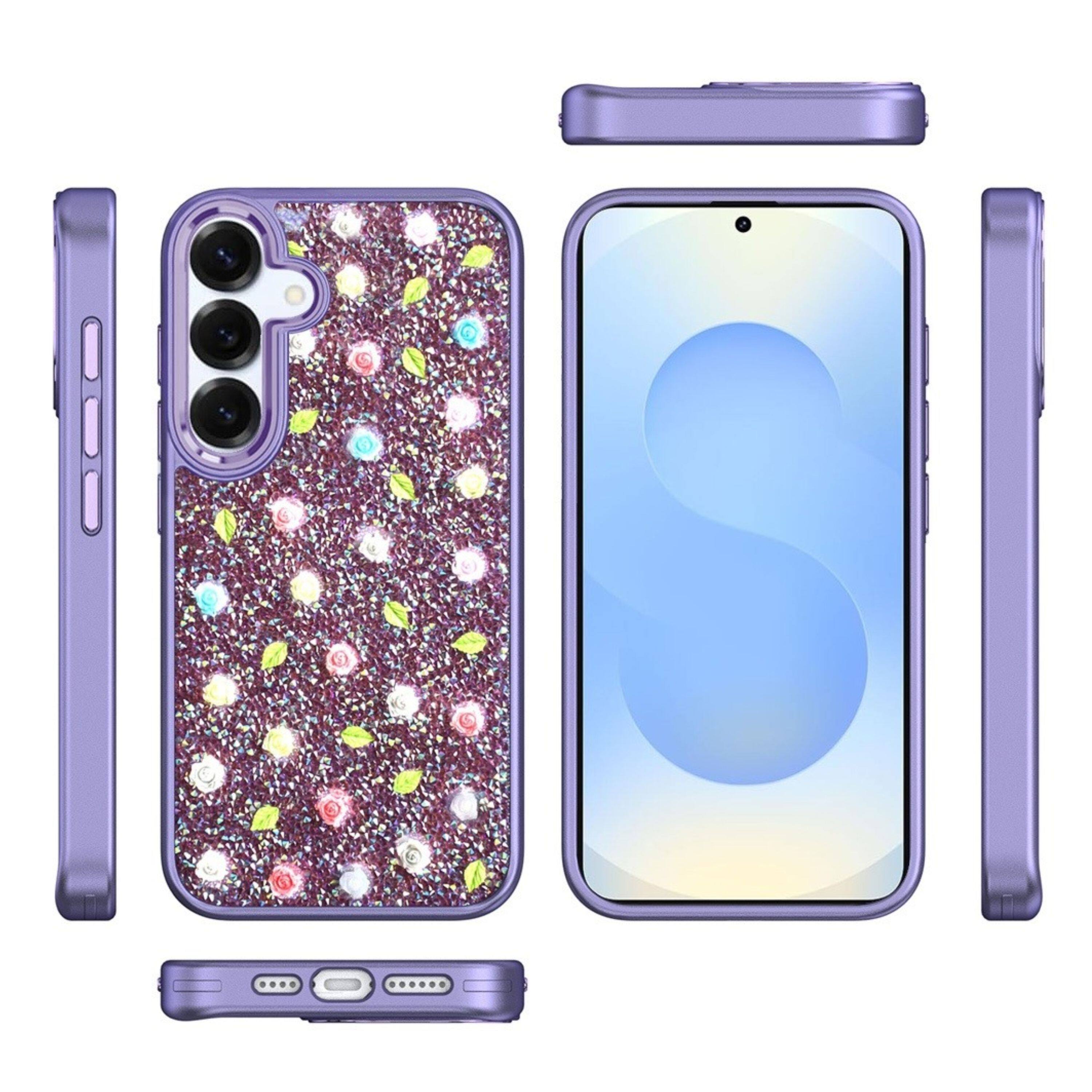 Left. Kitcheniva - Tiny Rose Glitter Design Phone Case With Tempered Glass For Samsung Galaxy S25+/S24+ Purple - Purple.