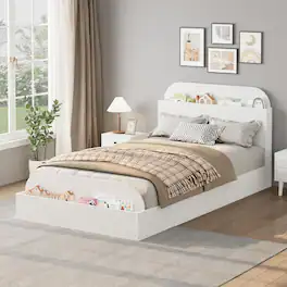 GARVEE - Twin Size Bed Frame, Wooden Storage Headboard, Low Platform, No Box Spring Needed, Sturdy Slats, Finish - White