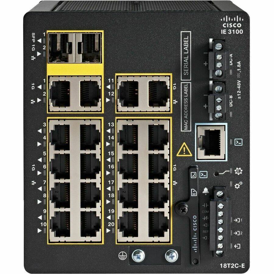 CISCO IE 3100  
18T2C-E  

SFP 1G  
1 2  
11 12  
13 14  
1G  
3 4  
5 6  
7 8  
9 10  
15 16  
17 18  
19 20  

1G  
1G  
1G  

MAC ADDRESS LABEL SERIAL LABEL  

DC-A 1.8A  
+12-48V DC-R  

SD  
COM  
REF  
J1  

CISCO