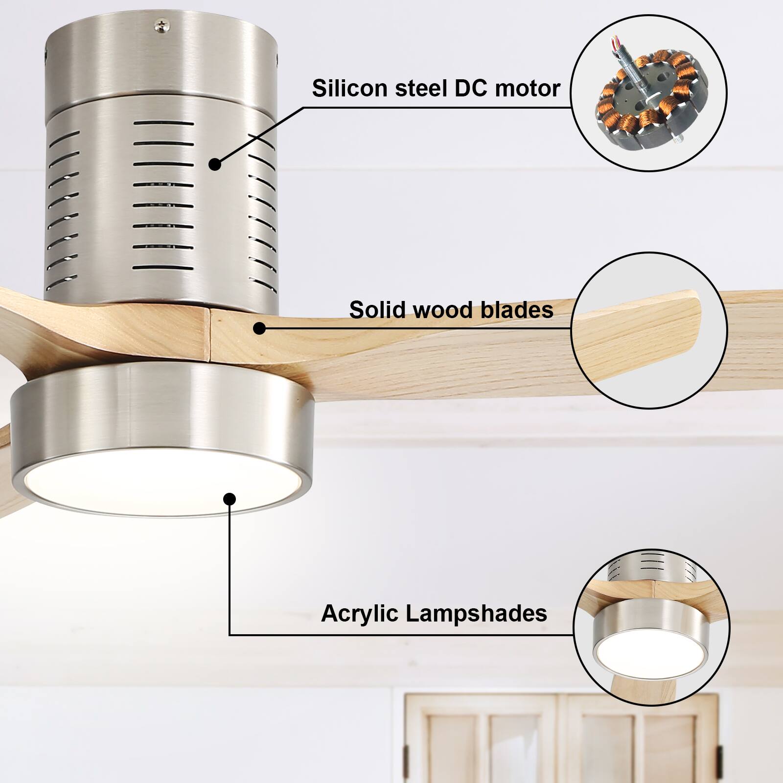 Silicon steel DC motor  
Solid wood blades  
Acrylic Lampshades