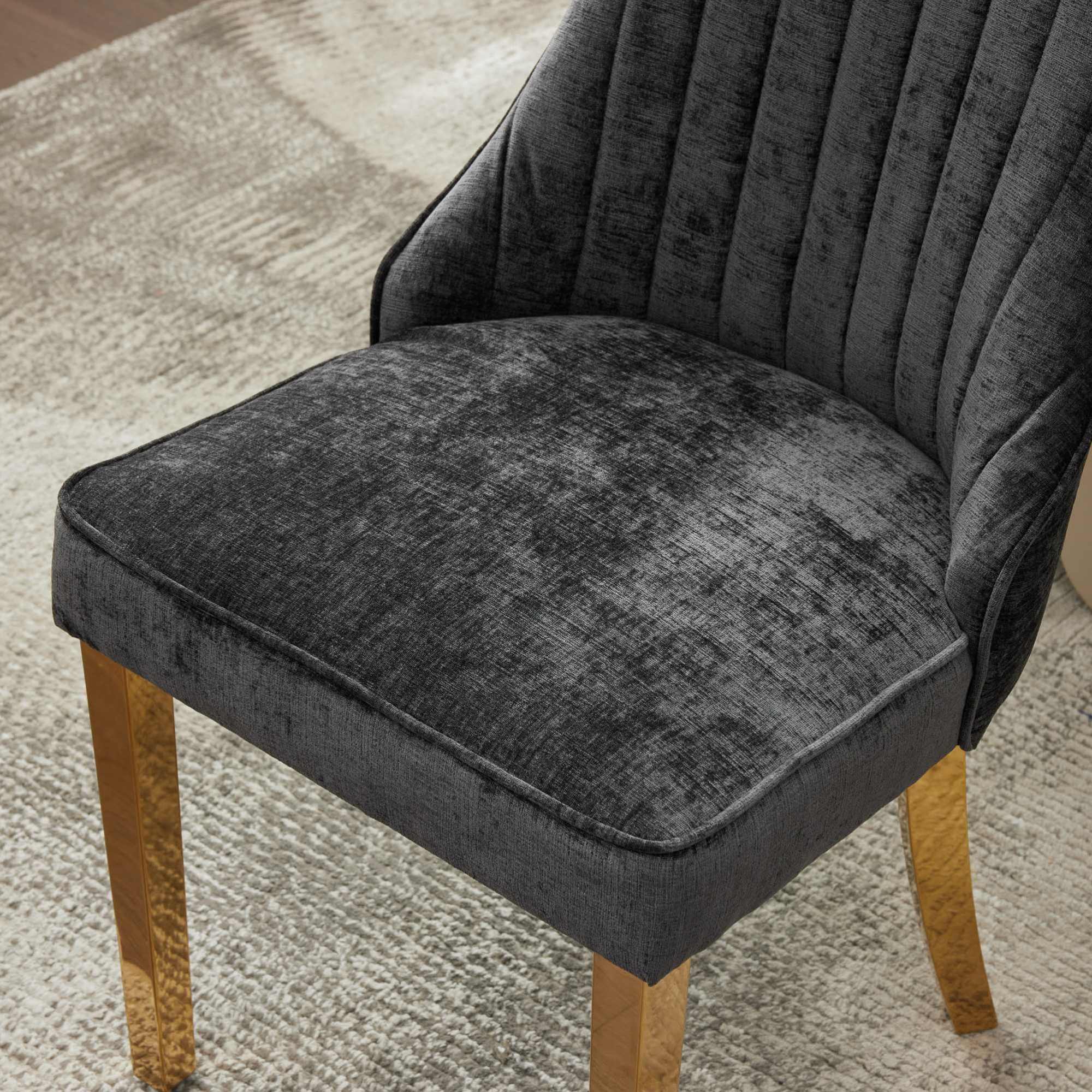 Alt View 8. GOODSILO - Luxury Chenille Fabric Upholstered Dining Chairs with Golden Stainless Steel Legs, Set of 2 - Black.
