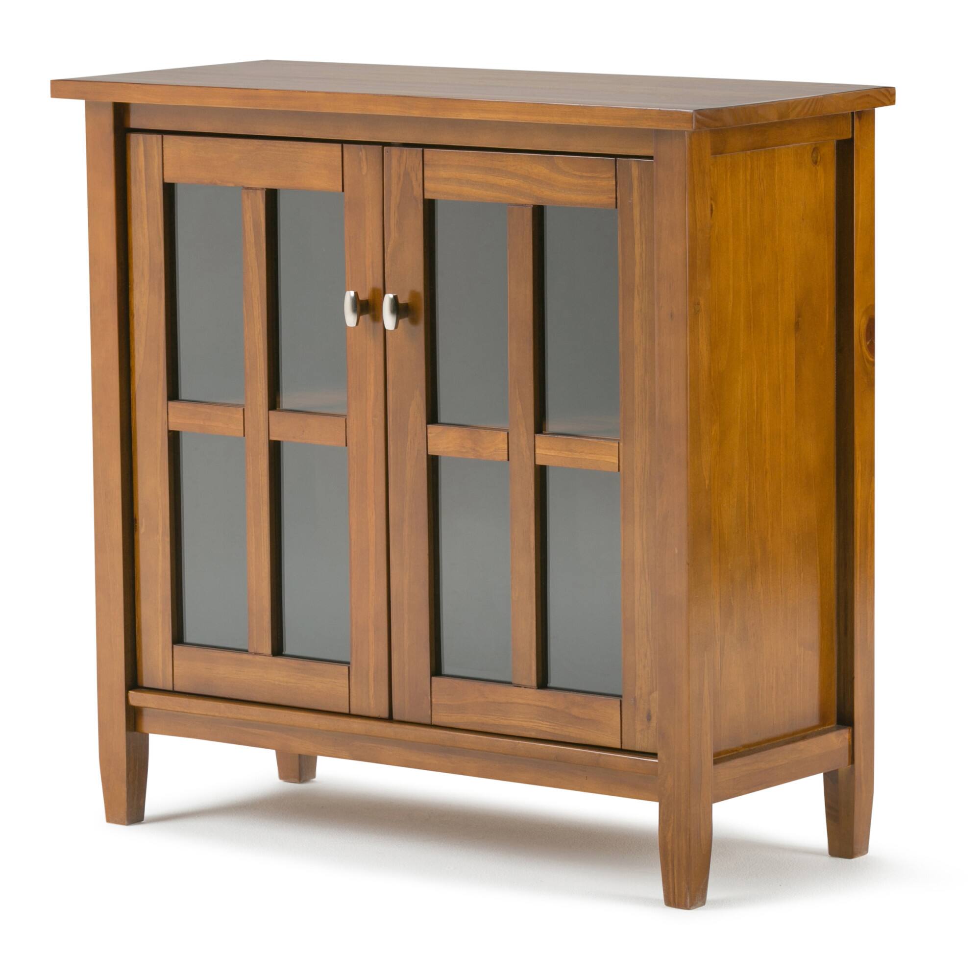 Angle. Simpli Home - Warm Shaker Solid Wood 32 inch Wide Transitional Low Storage Cabinet - Light Golden Brown.