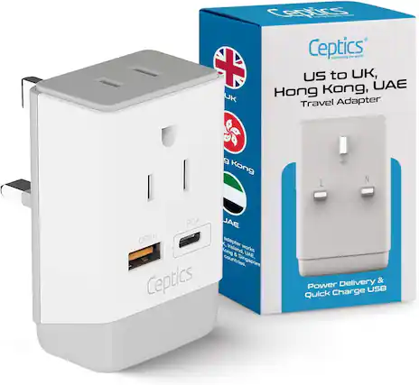 Ceptrics
connecting the world
US to UK, Hong Kong, UAE Travel Adapter
Power Delivery & Quick Charge USB
QC3.0
PD+
adapter works in UK, Ireland, UAE, Hong Kong & Singapore countries.
Ceptrics