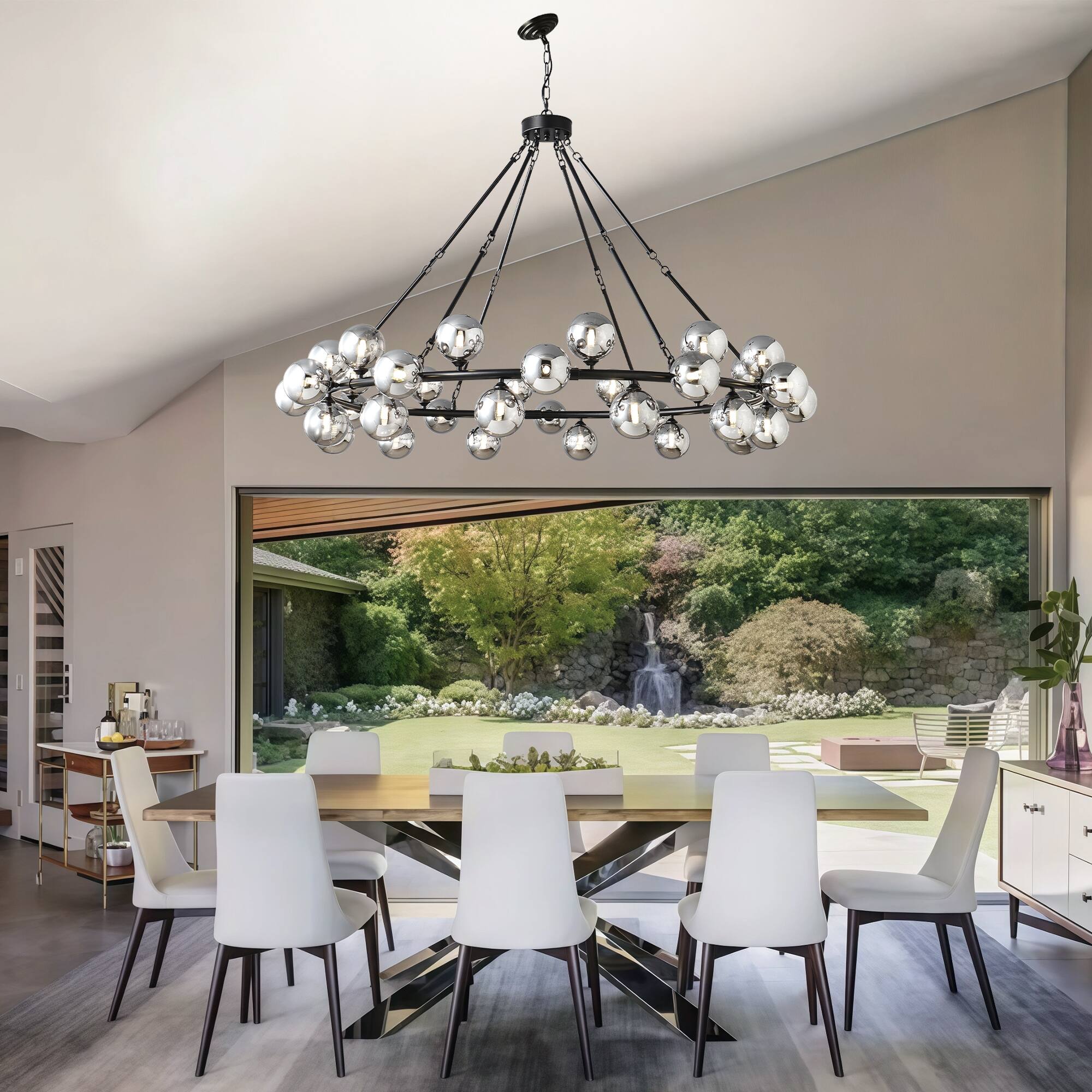 Left. RYHNUYNE - 59 Inch Dining Room Large Chandeliers for High Ceilings Modern Black 36-Light Light Fixture with Smoky Grey Glass Shades.
