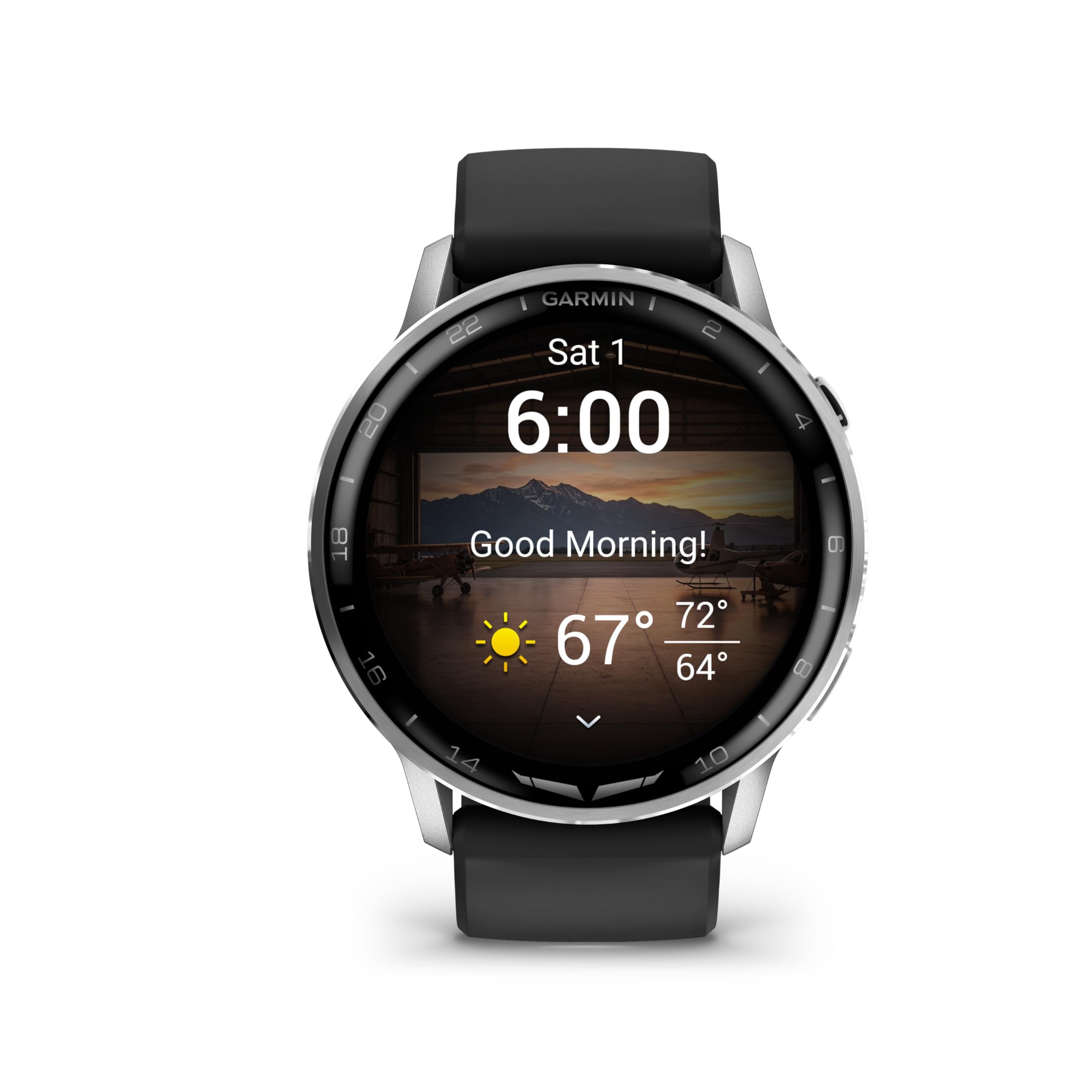 20 - I GARMIN I 22 2 Sat 1 6:00 I 4 - 18 Good Morning! 0 - 16 72 67 64 00 14 7