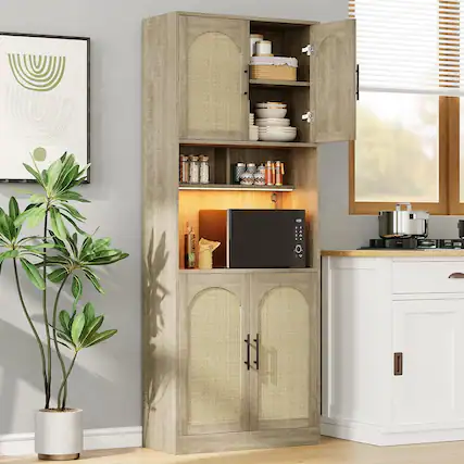 Front. GARVEE - Oak 71-Inch Pantry Cabinet, Freestanding Kitchen Hutch with Microwave Shelf and LED Lights, Stylish Storage - Oak.