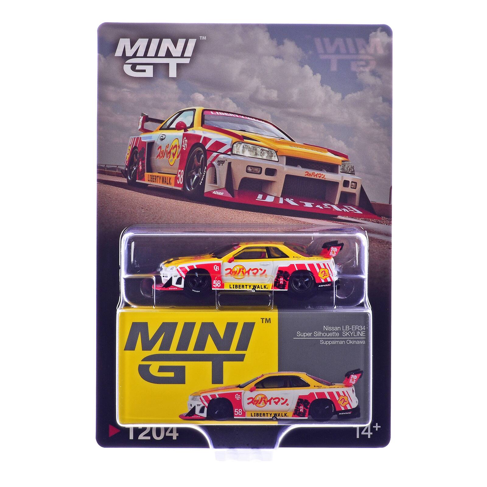 MINI GT  
MINI  
and LIBERTY 58  
LIBERTY JACK GT ADVAN  
CB 58 LIBERTYWALK  

TM Nissan LB-ER34 MINI Super Silhouette SKYLINE Suppaiman Okinawa GT LB 58 LIBERTY WALK. ADVAN 1204 14+