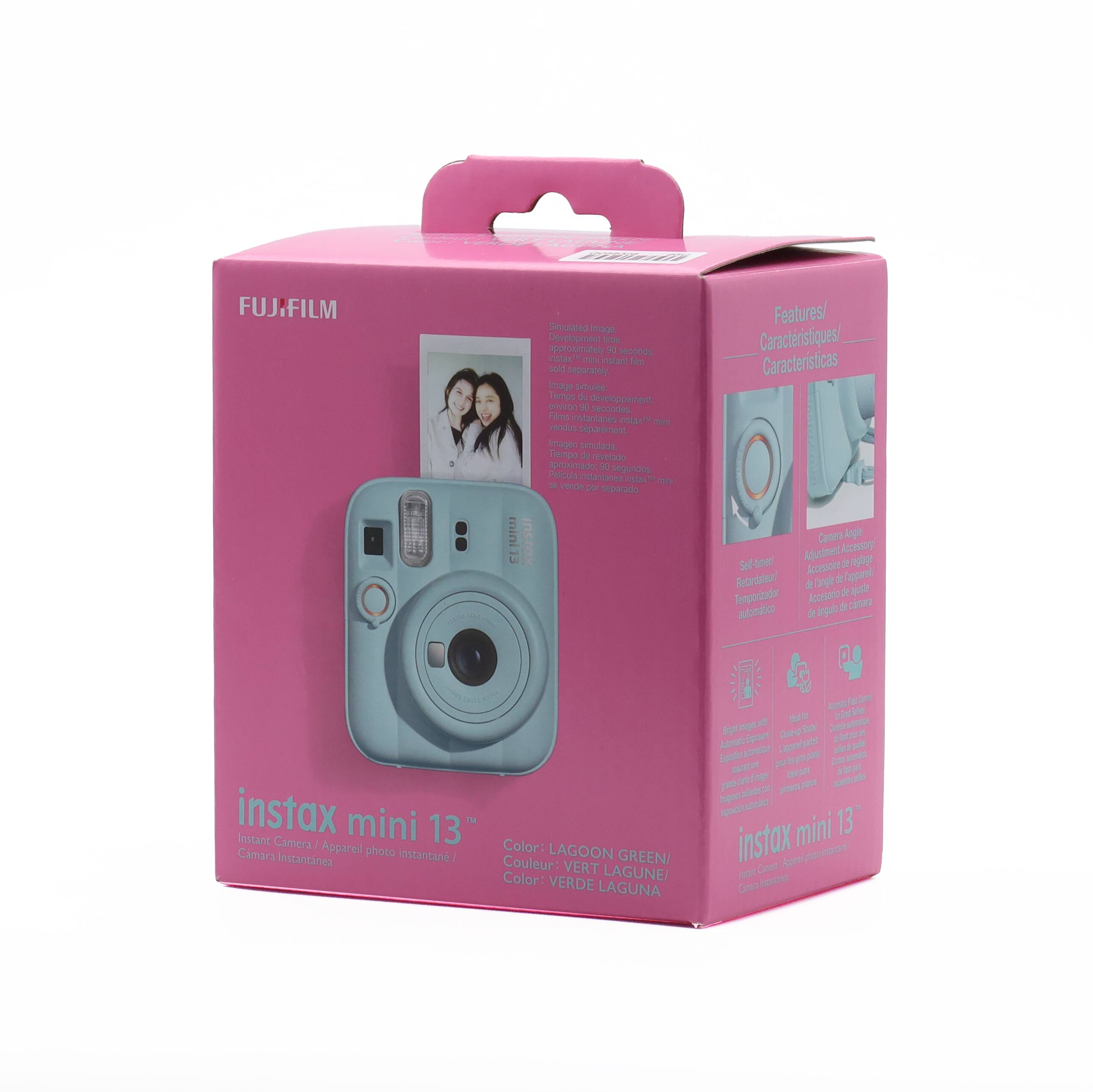 FUJIFILM

Simulated Image. Development time approximately 90 seconds. Instant film sold separately. Image simule. Temps du développement environ 90 secondes. Films instantans instax mini vendus séparément. Imagen simulada. Tiempo de revelado aproximado: 90 segundos. Película instantánea instax mini vendida por separado

Features/ Caractéristiques/ Características
- Camera Angle Adjustment Accessory/ Accessoire de réglage de l'angle de l'appareil/ Accesorio de ajuste de cámara automático de ángulo
- Self-timer/ Retardateur/ Temporizador
- instax mini 13 Instant Camera/ Caméra Appareil photo instantané/ Instantánea

Color: LAGOON GREEN/ Couleur: VERT LAGUNE/ Color: VERDE LAGUNA

Kast Control Accorrection for Great Selfiew with Ideal Automatic Shot Images/ Stati Controle: Exposure Close-up a fash pour 2019 Automatic appareil partes de suptematus: selies Exposition - gros