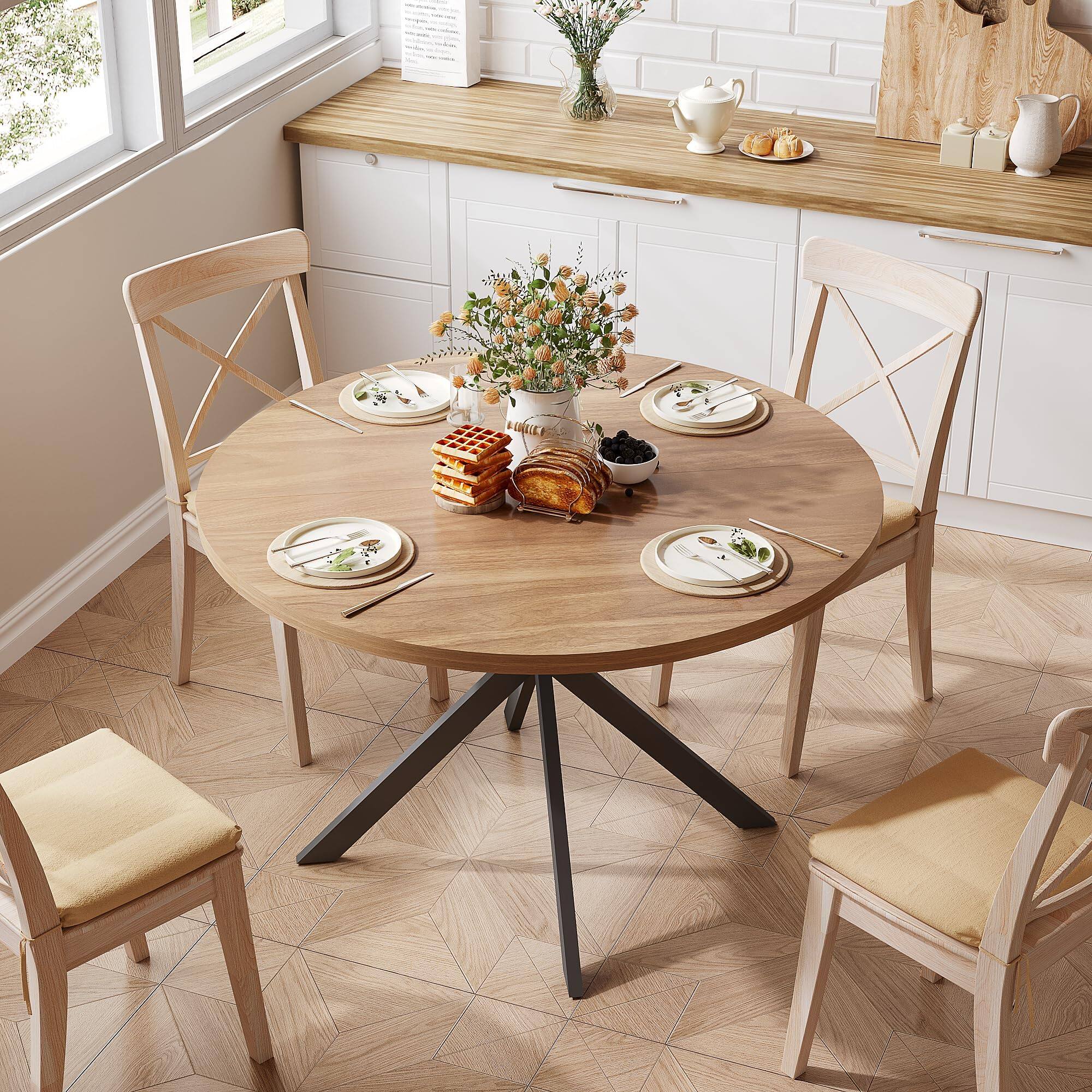 Back. MAGICAL RUBS - 47.2 Inch Round Dining Table For 4  Farmhouse Wood Kitchen Dinner & Room Walnut - Black 47.2inch.