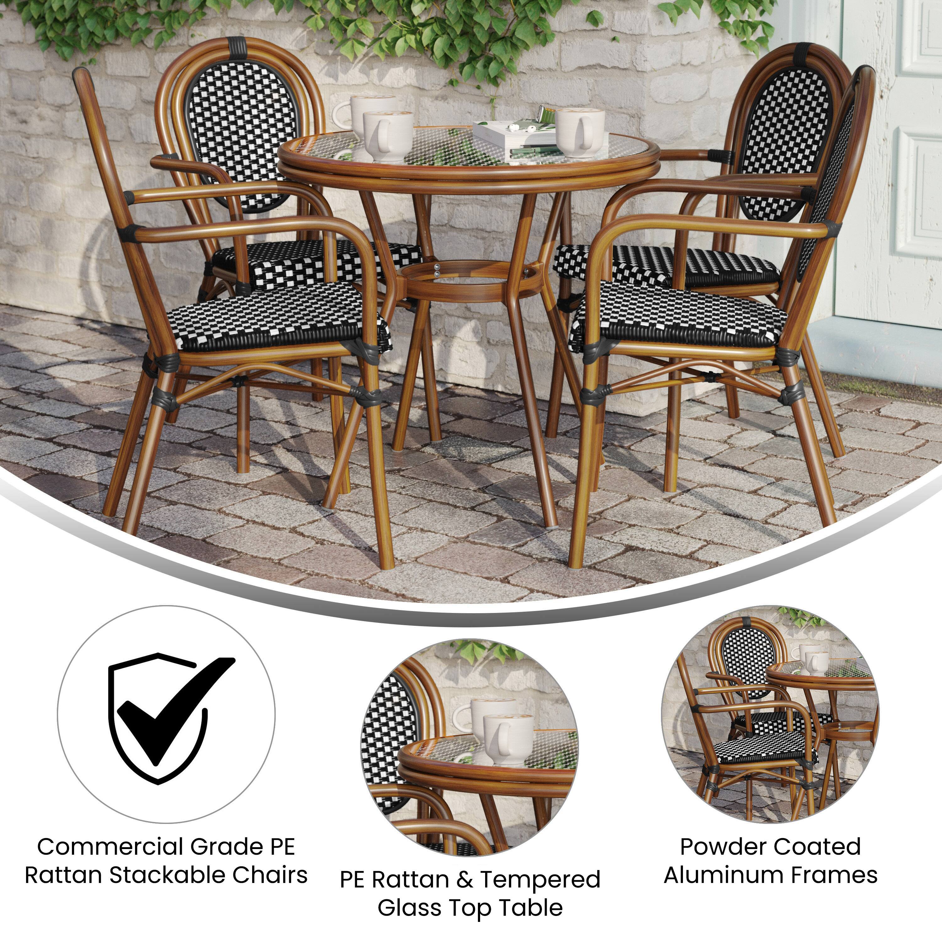 Commercial Grade PE Rattan Stackable Chairs  
Powder Coated PE Rattan & Tempered Aluminum Frames  
Glass Top Table
