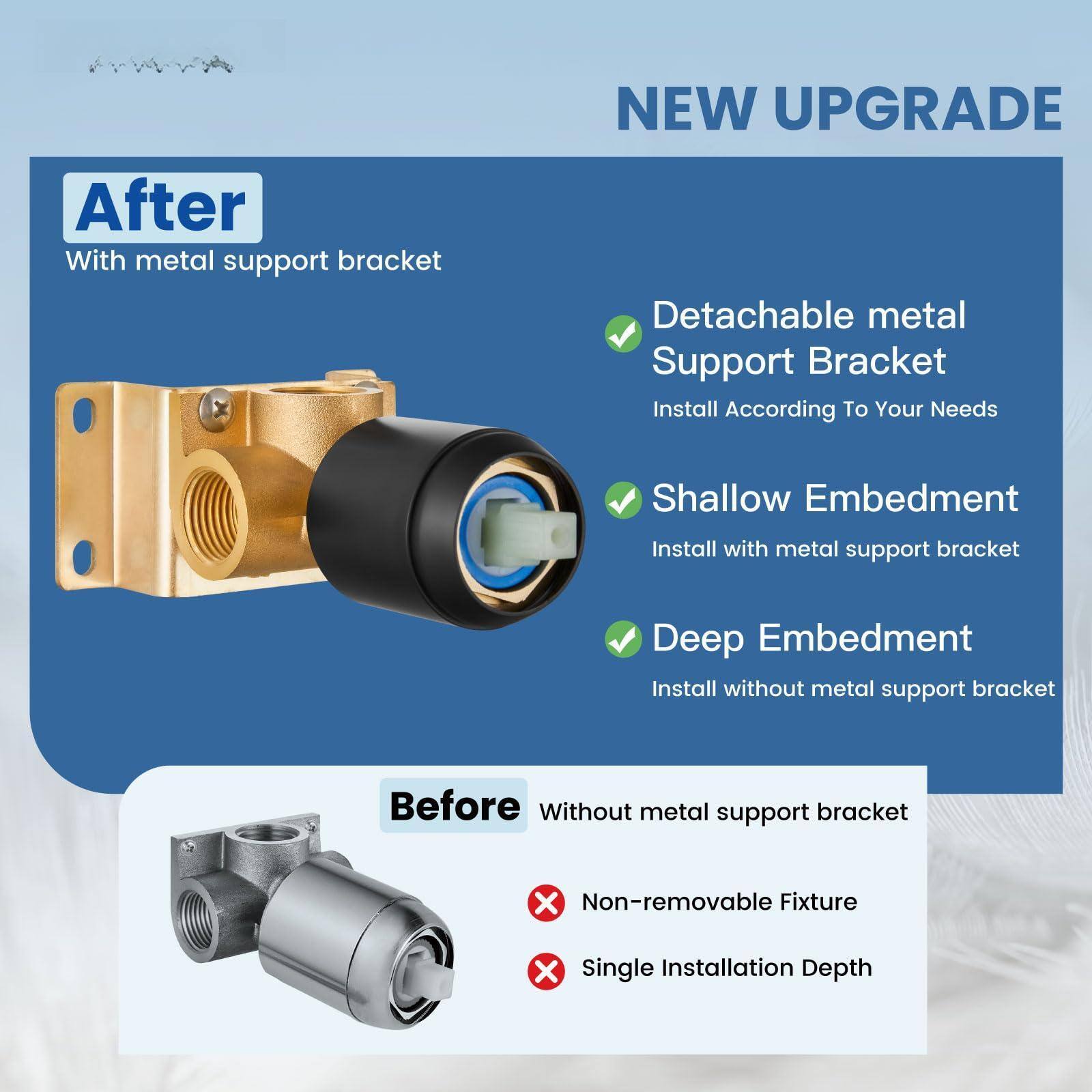 **NEW UPGRADE**

**After**  
With metal support bracket

- Detachable metal Support Bracket  
  Install According To Your Needs

- Shallow Embedment  
  Install with metal support bracket

- Deep Embedment  
  Install without metal support bracket

**Before**  
Without metal support bracket

- Non-removable Fixture

- Single Installation Depth