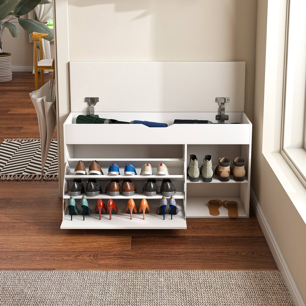 Left. Ropilly - Ropilly White Entryway Bench with Shoe Storage Hidden Cabinet Cushioned Seat Space Saving Organizer - White.