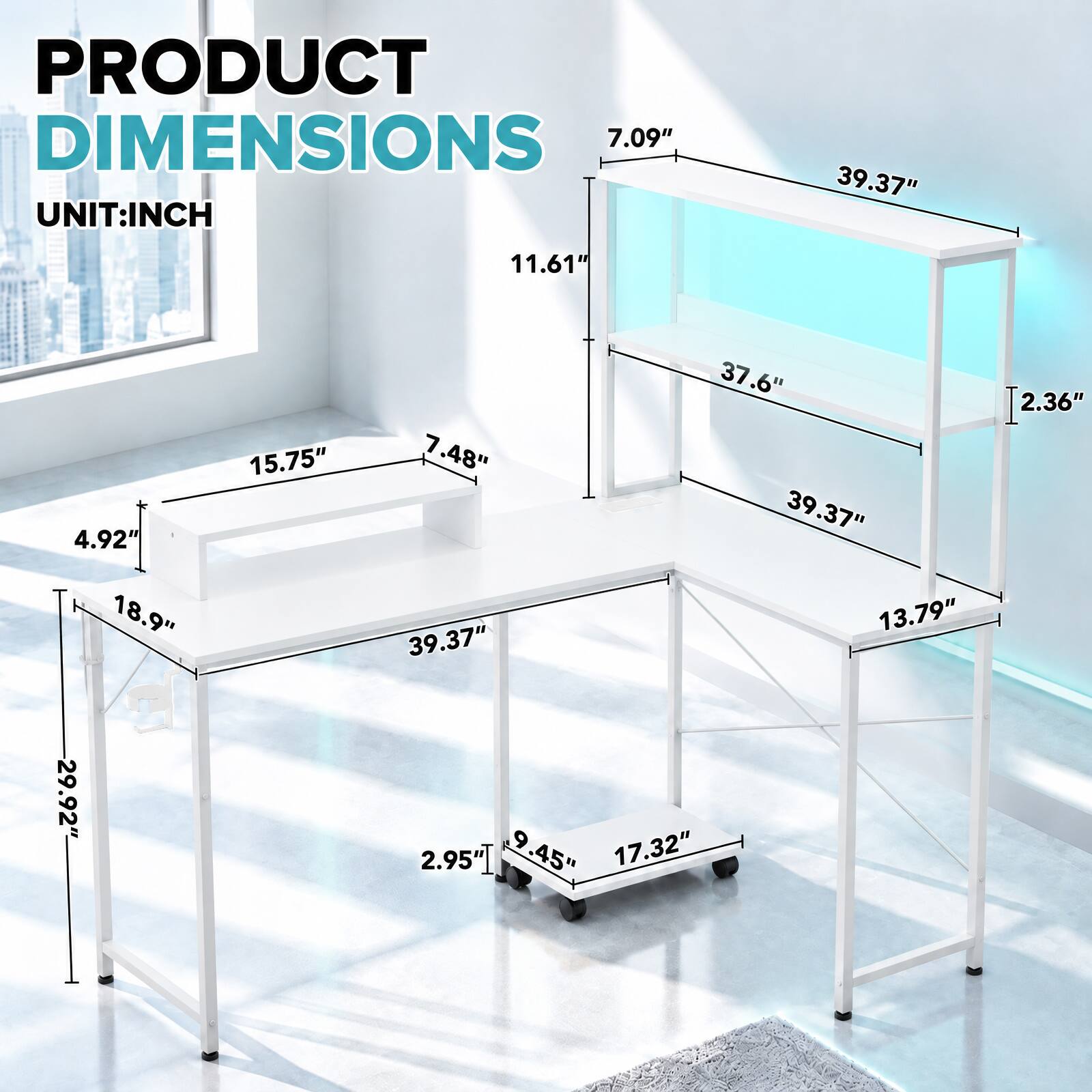 PRODUCT DIMENSIONS  
UNIT: INCH

- 7.09"
- 39.37"
- 11.61"
- 4.92"
- 18.9"
- 29.92"
- 15.75"
- 37.6"
- 7.48"
- 39.37"
- 13.79"
- 39.37"
- 17.32"
- 2.95"
- 45"
- 2.36"