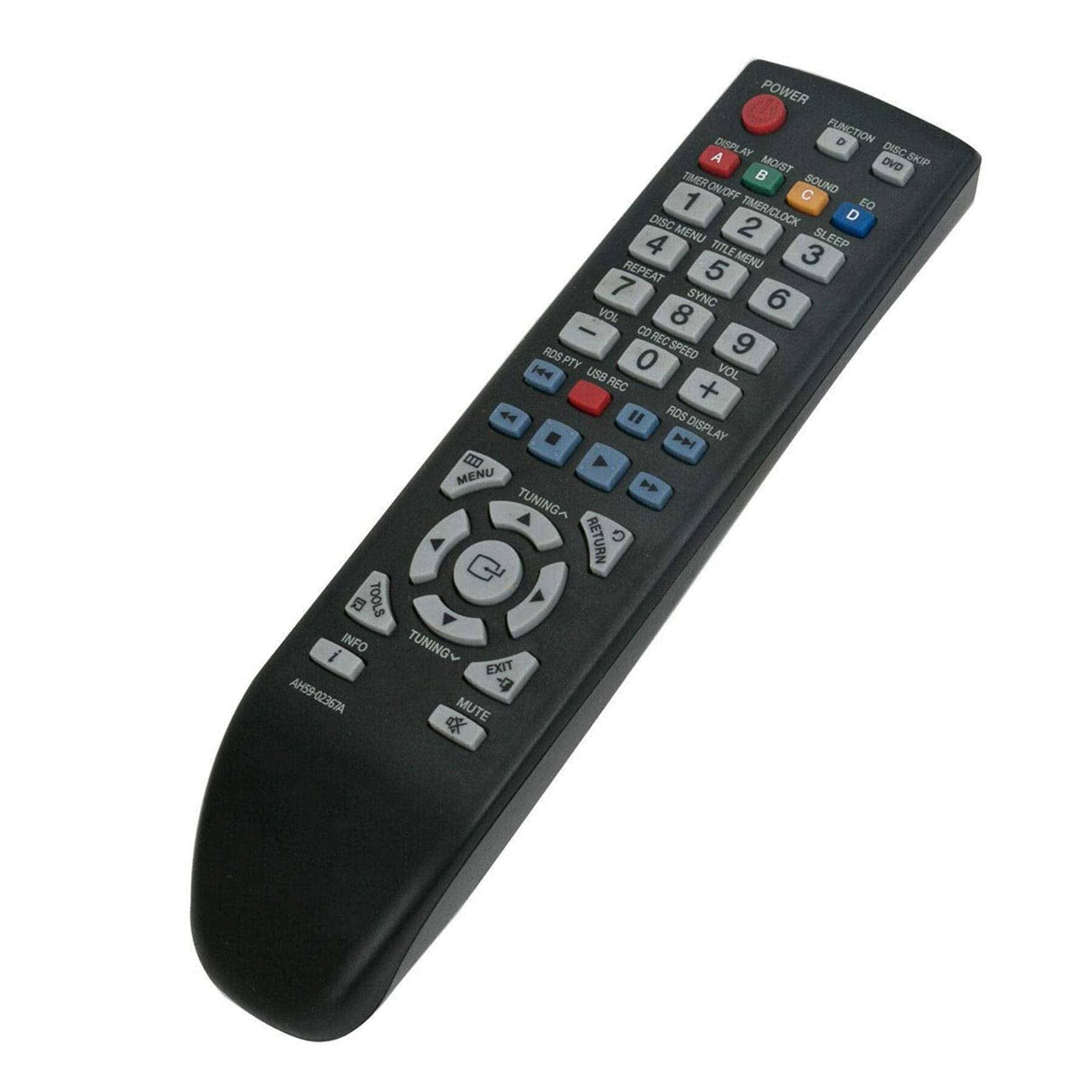 POWER  
FUNCTION  
DISC SKIP  
DVD  
MOST  
TIMER/CLOCK  
SOUND  
EQ  
DISC  
MENU  
SLEEP  
TITLE  
REPEAT  
SYNC  
VOL  
CD REC  
USB REC  
DISPLAY  
MENU  
TUNING  
RETURN  
TOOLS  
INFO  
EXIT  
MUTE  

A  
B  
C  
D  
E  
F  
G  
H  
I  
J  
K  
L  
M  
N  
O  
P  
Q  
R  
S  
T  
U  
V  
W  
X  
Y  
Z  

AH59-02367A  
ZHA