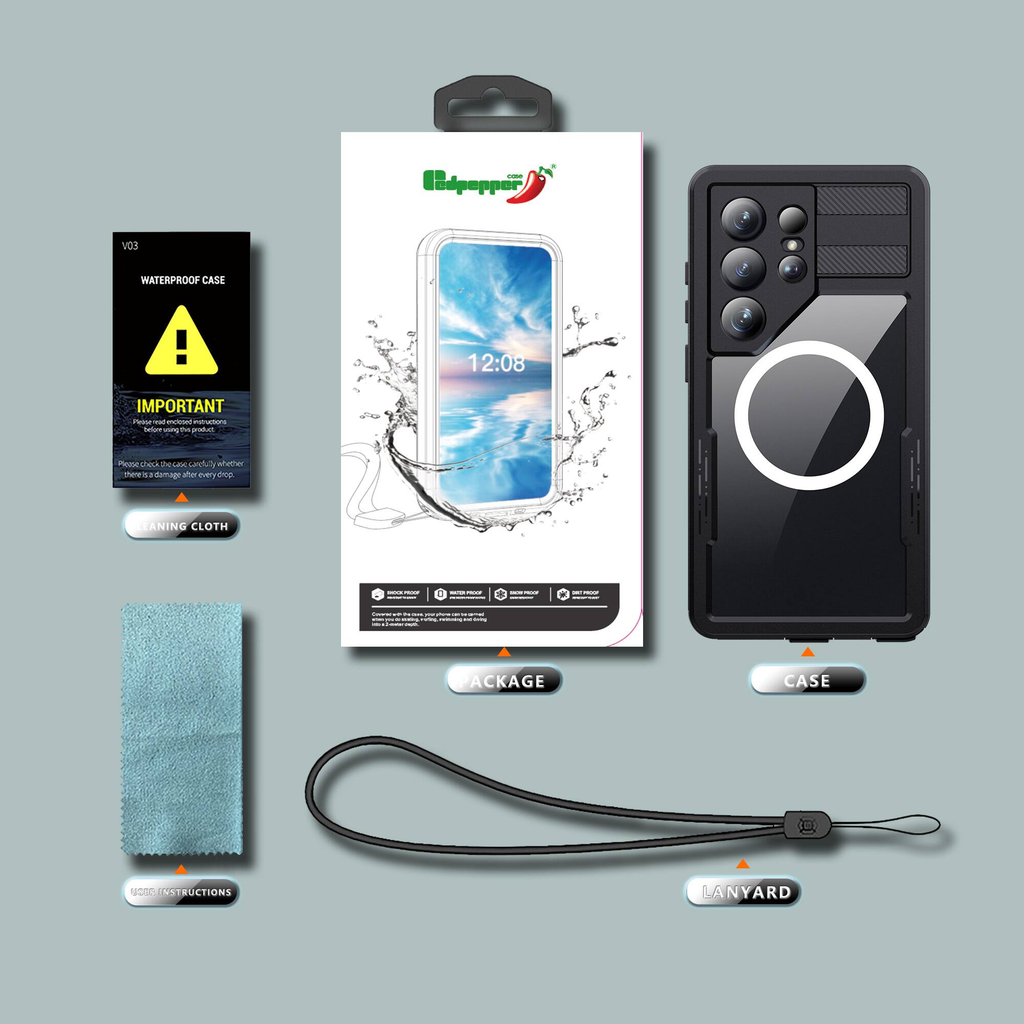 i Pdpepper vOs WATERPROOF CASE

12:08

IMPORTANT
Please check the base case carefully before use. If there is any damage after every drop, please do not use it.

CLEANING CLOTH

PACKAGE

INSTRUCTIONS

LANYARD