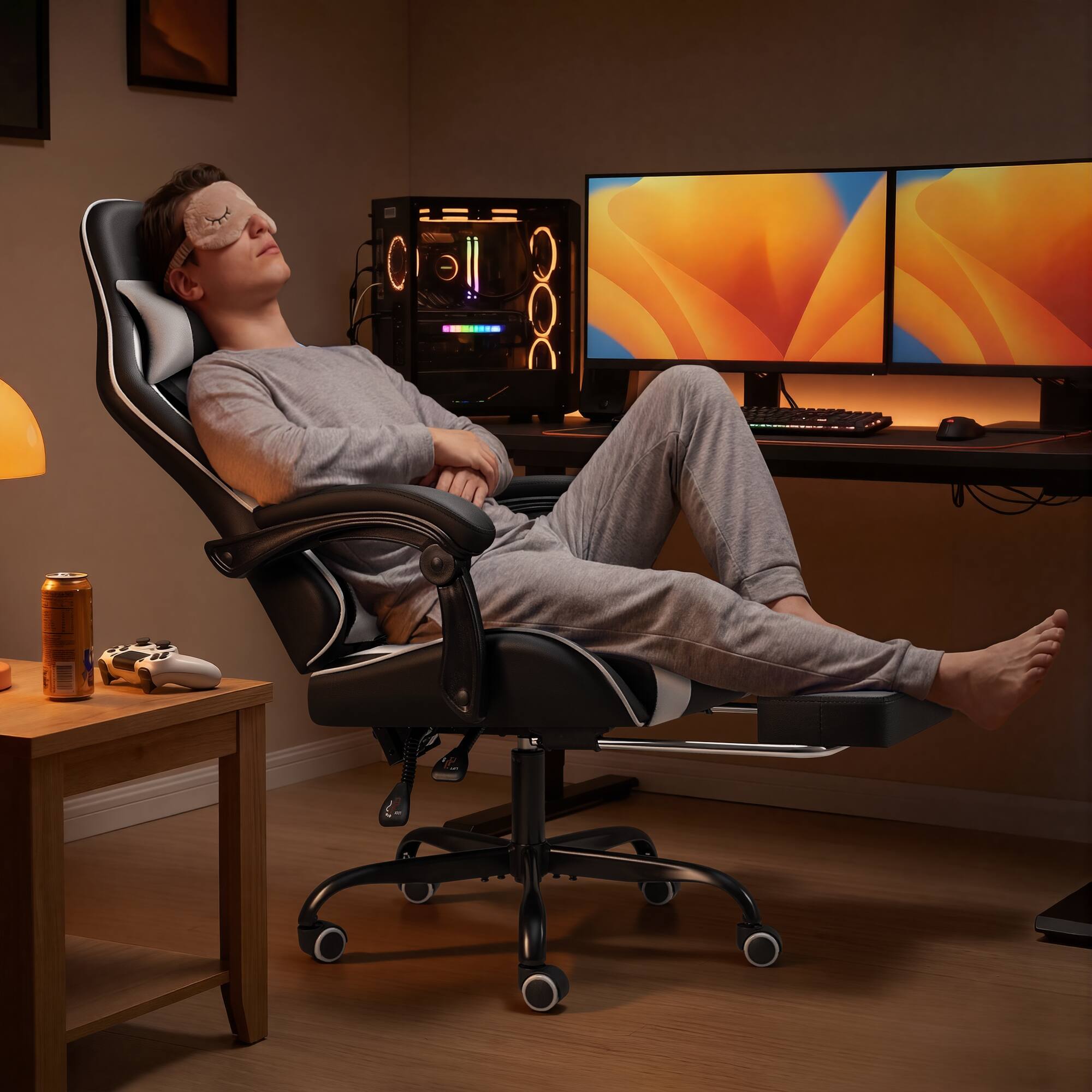 Alt View 3. Homall - Gaming Chair Massage Ergonomic Chair PU Leather Height Adjustable Racing Chair with Footrest & Lumbar Support - WHITE.