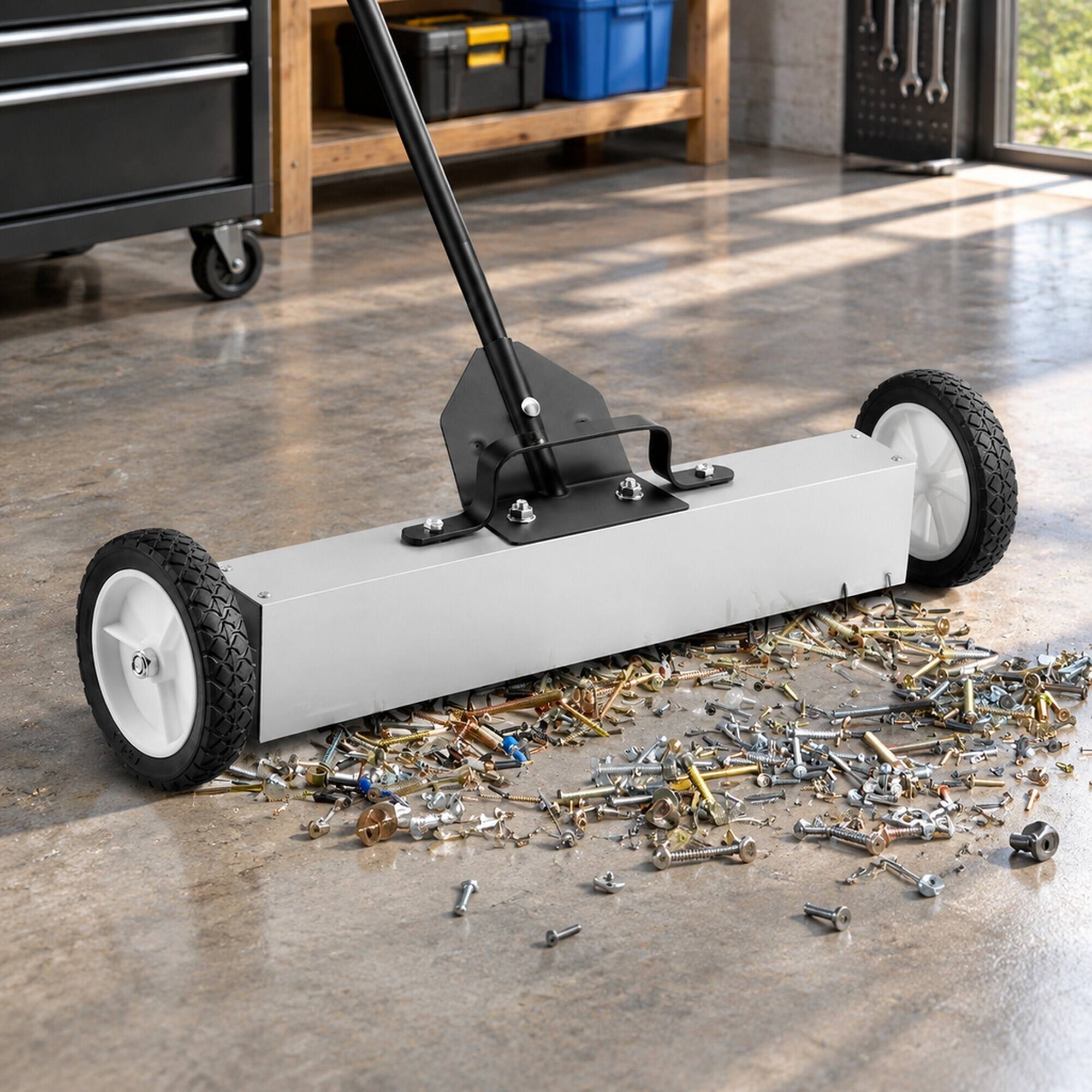 Alt View 6. RYHNUYNE - 50 lbs Rolling Magnetic Sweeper, 24 in Wide Pickup, Telescoping Handle, Push-Type Yard and Garage Cleanup Tool - White.