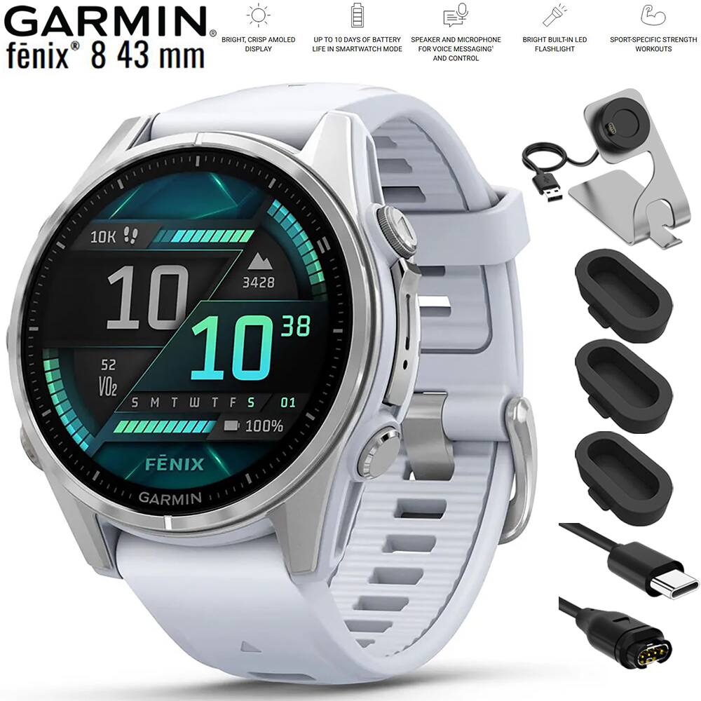 Garmin - Fenix 8 43 mm AMOLED Silver with Whitestone Band + Charging Dock Bundle - Silver - (2024)
