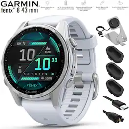 Garmin - Fenix 8 43 mm AMOLED Silver with Whitestone Band + Charging Dock Bundle - Silver - (2024)
