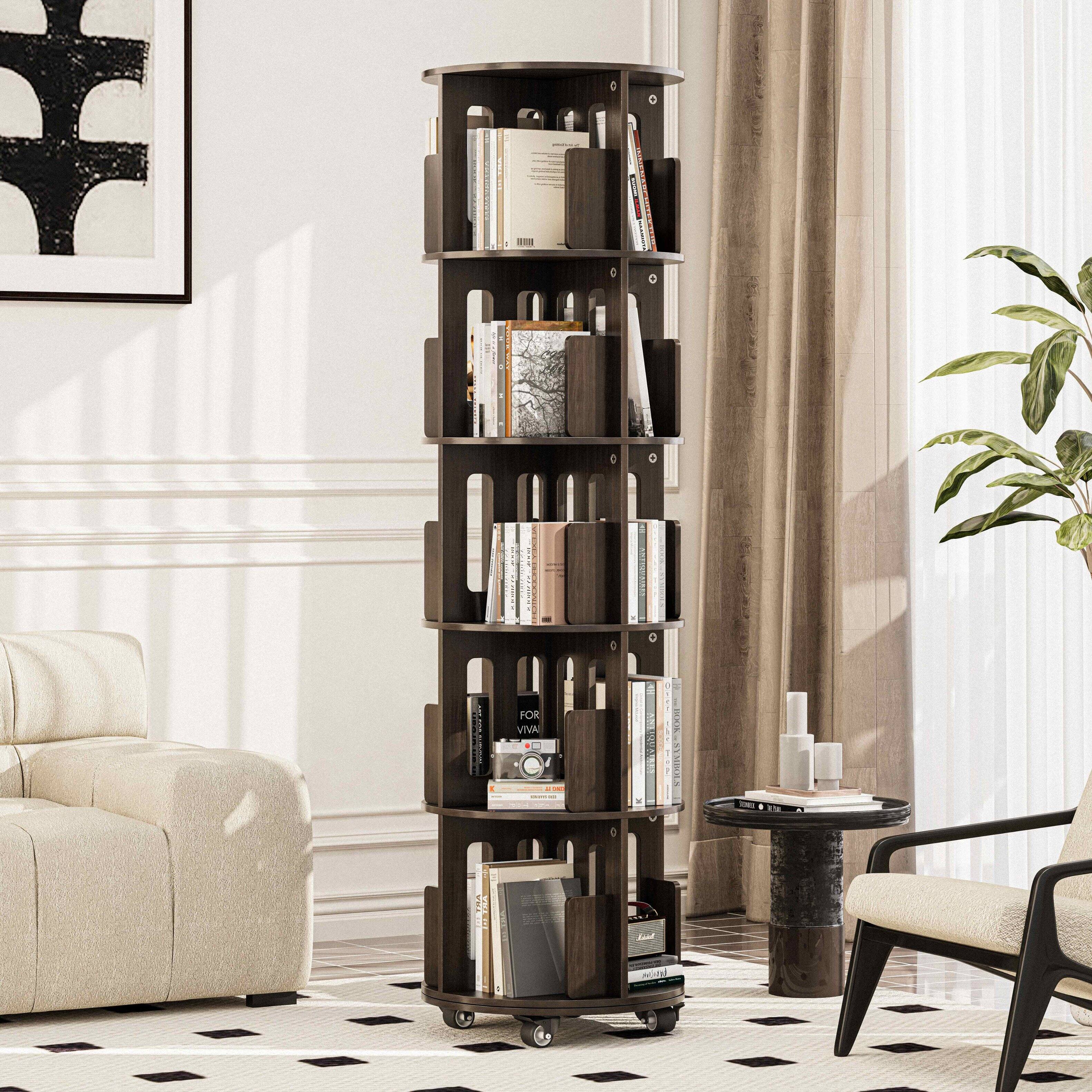 ATJafurn - 5 Tiers Rotating Bookcase Tower 360° Rotating Bookcase Revolving Book Organizer Space Saving Corner for Bedroom - Black Walnut