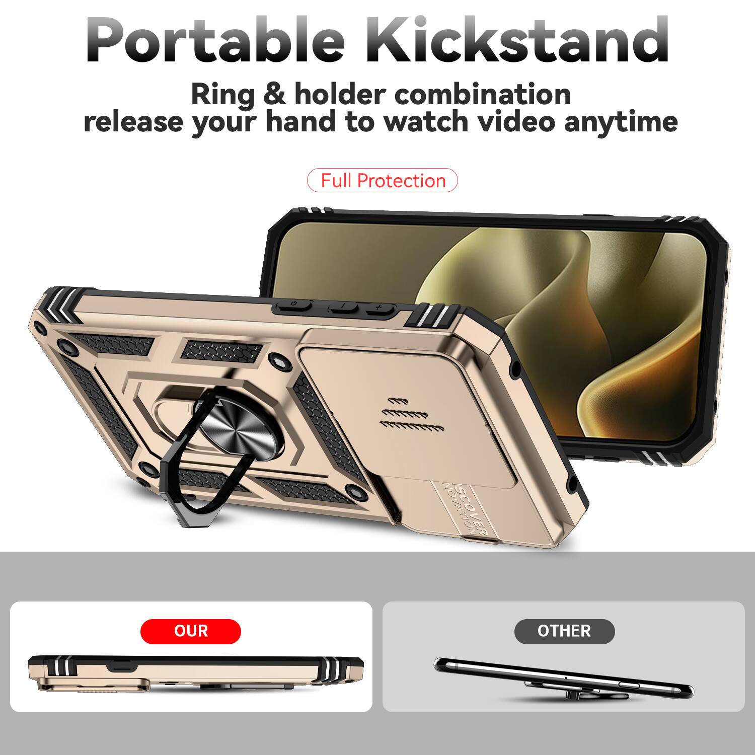 Portable Kickstand  
Ring & holder combination release your hand to watch video anytime  
Full Protection  

OUR  
OTHER