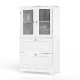 Ecooso - Bathroom Floor Storage Cabinet with 2 Drawers and 2 Frosted Glass Doors, Freestanding Organizer - White