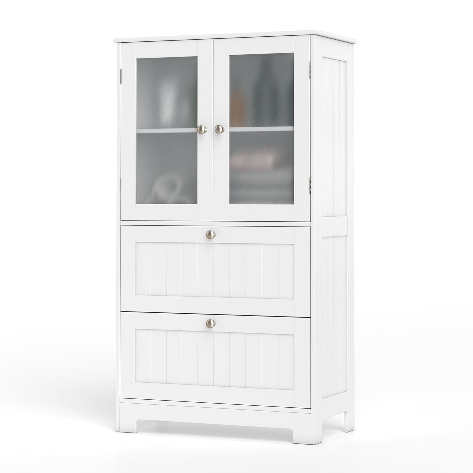 Ecooso - Bathroom Floor Storage Cabinet with 2 Drawers and 2 Frosted Glass Doors, Freestanding Organizer - White