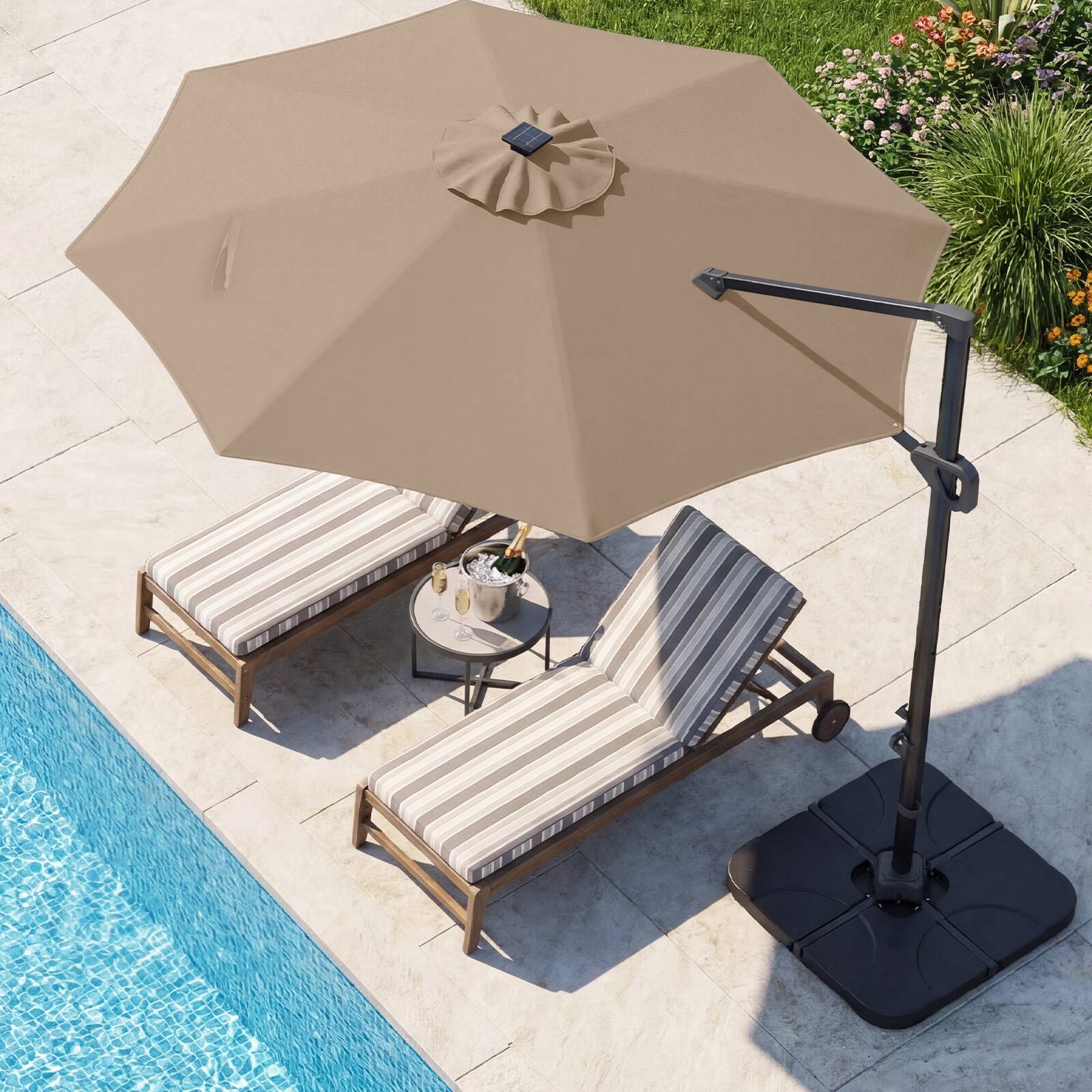Alt View 4. Costway - Costway 10 FT Cantilever Patio Umbrella with 35 Solar LED Lights 220 LBS Base 360° Rotation - Tan + Black.