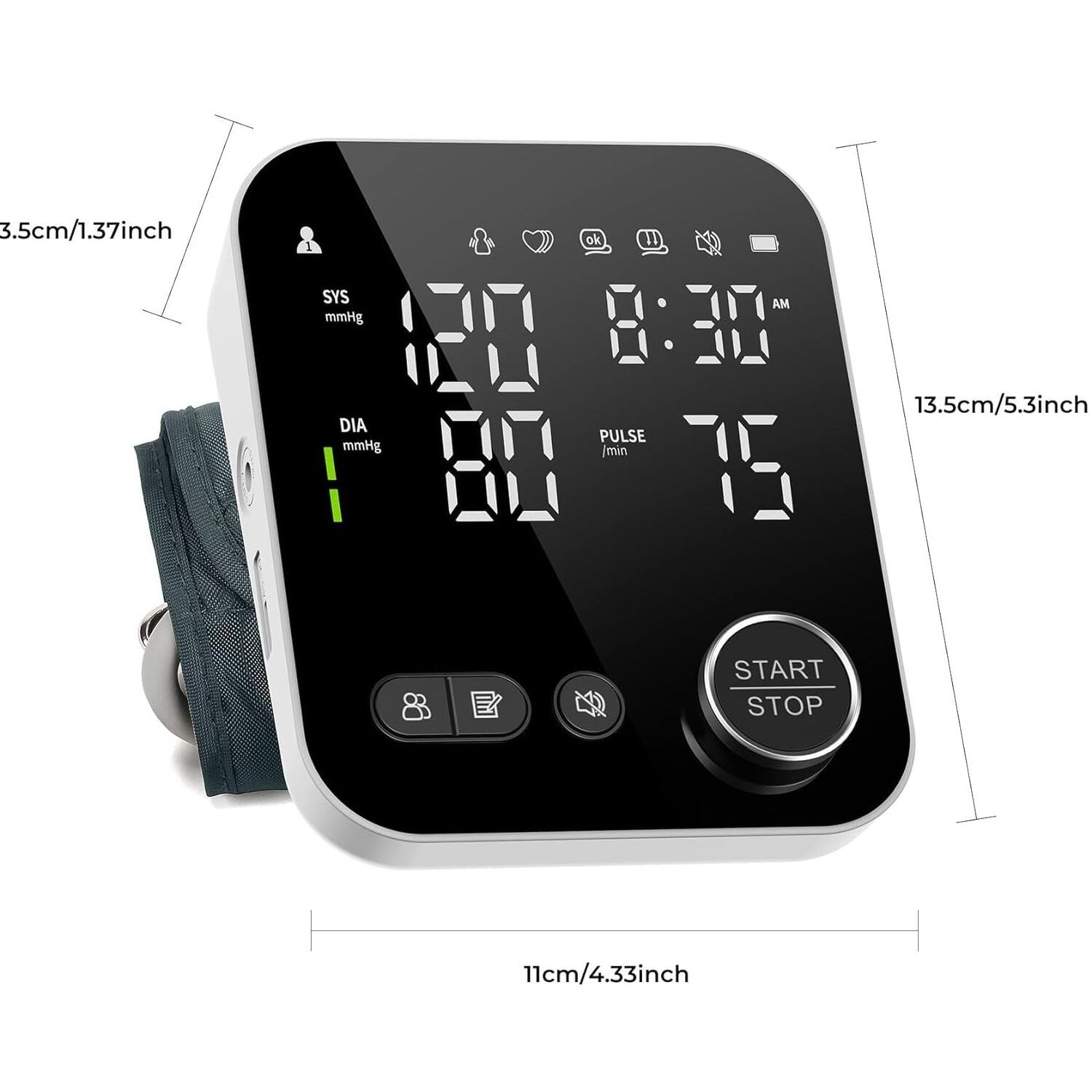 3.5cm/1.37inch  
1 ok SYS mmHg AM DIA mmHg PULSE /min 15  
13.5cm/5.3inch  
START STOP  
11cm/4.33inch