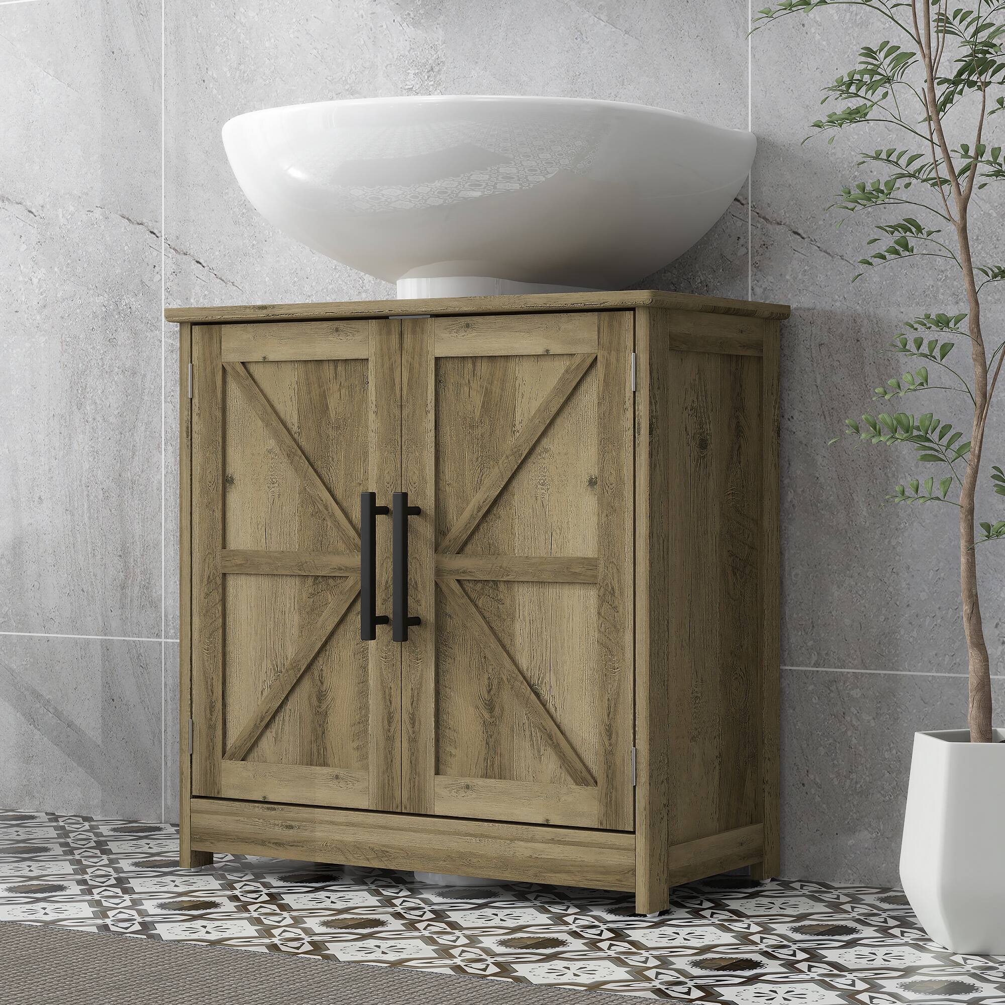 Alt View 7. Homcom - Farmhouse Freestanding Pedestal Sink Cabinet w/ 2 Barn Doors & Shelf - Gray.