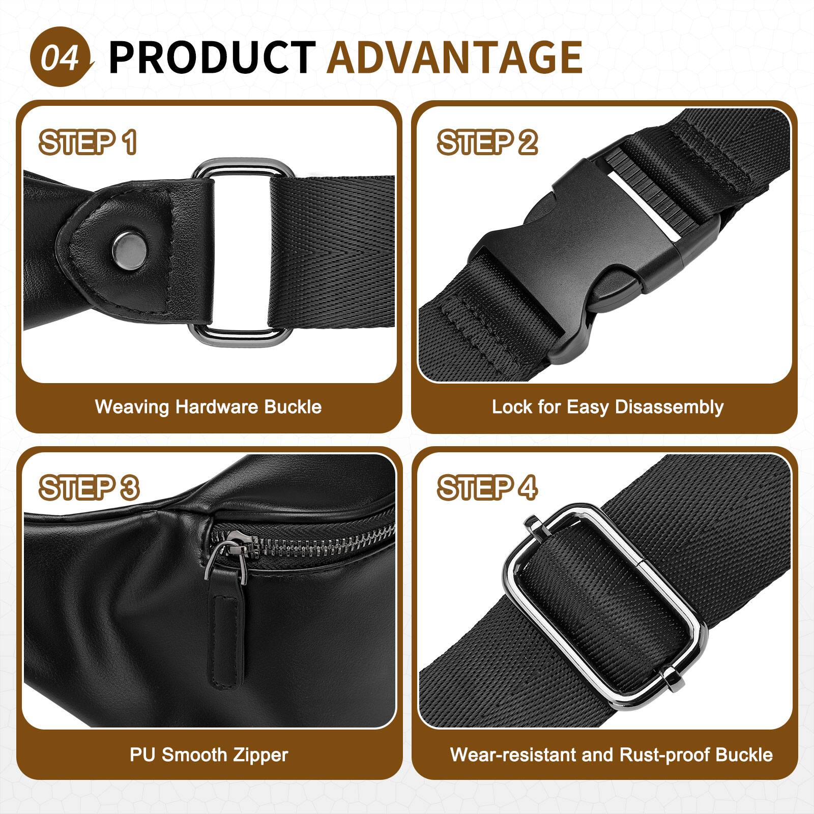04 PRODUCT ADVANTAGE

STEP 1  
Weaving Hardware Buckle

STEP 2  
Lock for Easy Disassembly

STEP 3  
PU Smooth Zipper

STEP 4  
Wear-resistant and Rust-proof Buckle