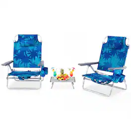 Costway - 3 PCS Outdoor Camping Set 2 Folding Lightweight Beach Chairs & 1 Portable Aluminum Side Table - Navy
