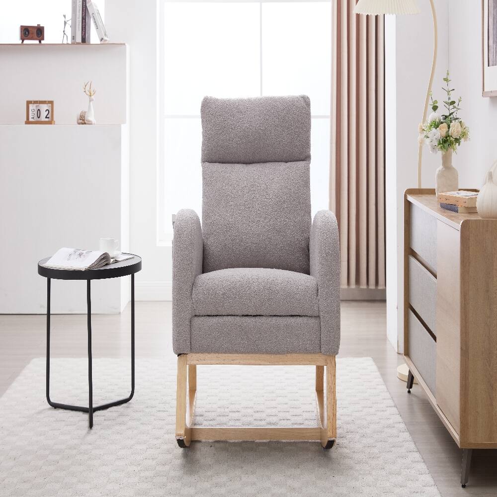 Alt View 6. Loheer - Loheer Light Gray Teddy Fabric Nursery Rocking Chair with Adjustable Footstool and Solid Wood Base - Light Gray.