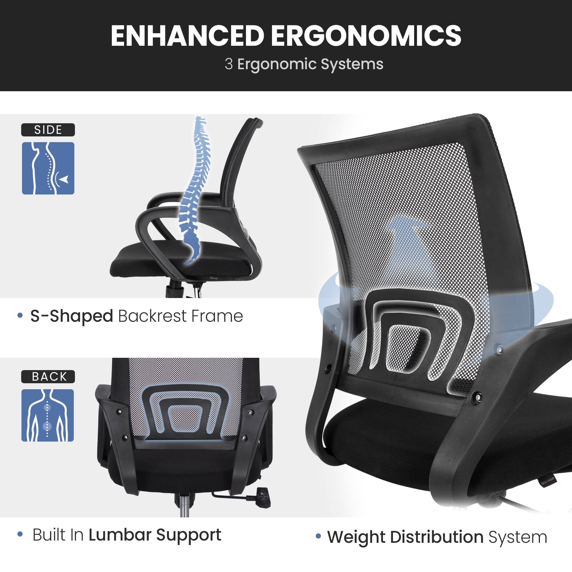 ENHANCED ERGONOMICS  
3 Ergonomic Systems

- S-Shaped Backrest Frame
- Built In Lumbar Support
- Weight Distribution System