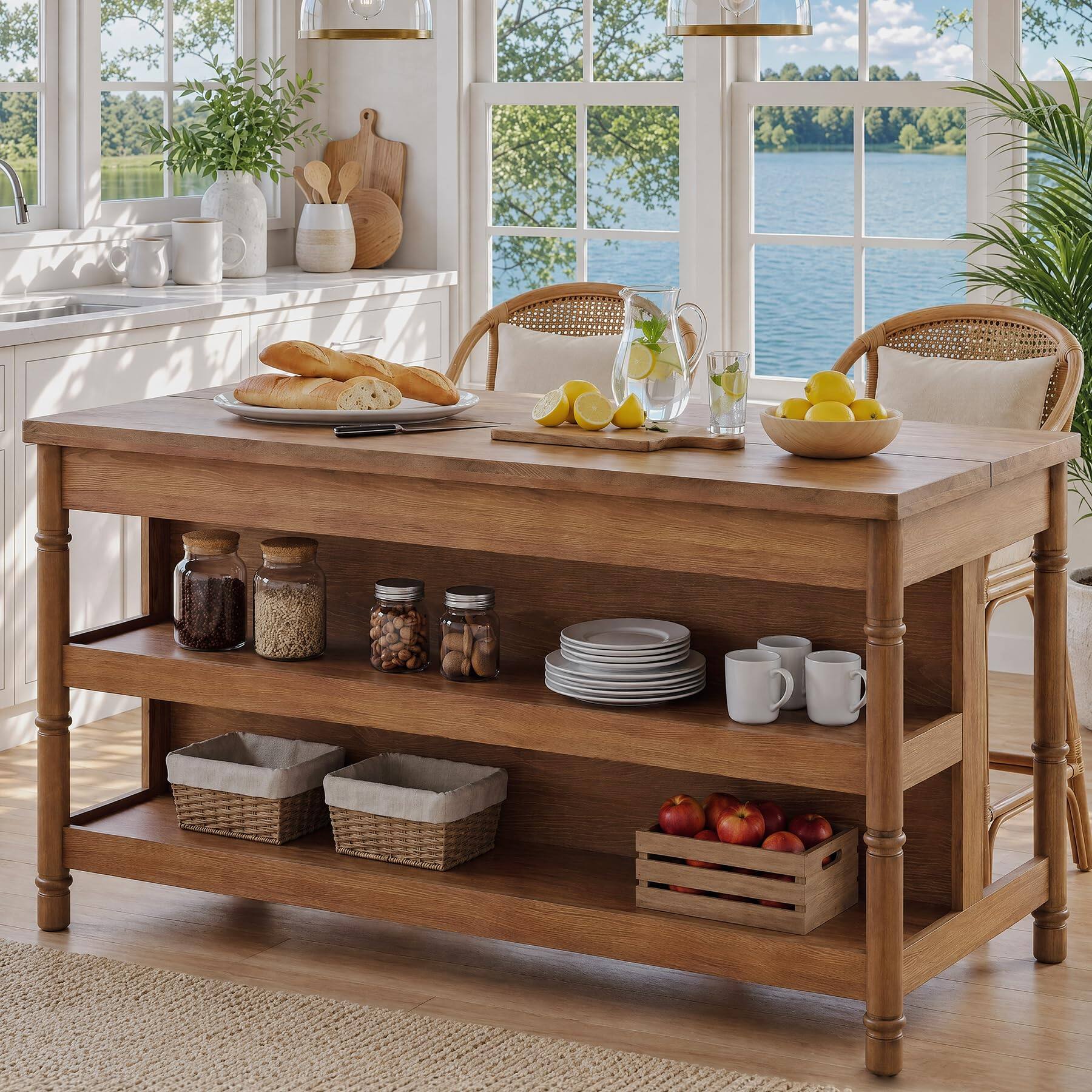 Alt View 2. Tribesigns - 63" Solid Wood Kitchen Island Table with Storage & Seating - Rustic Brown.
