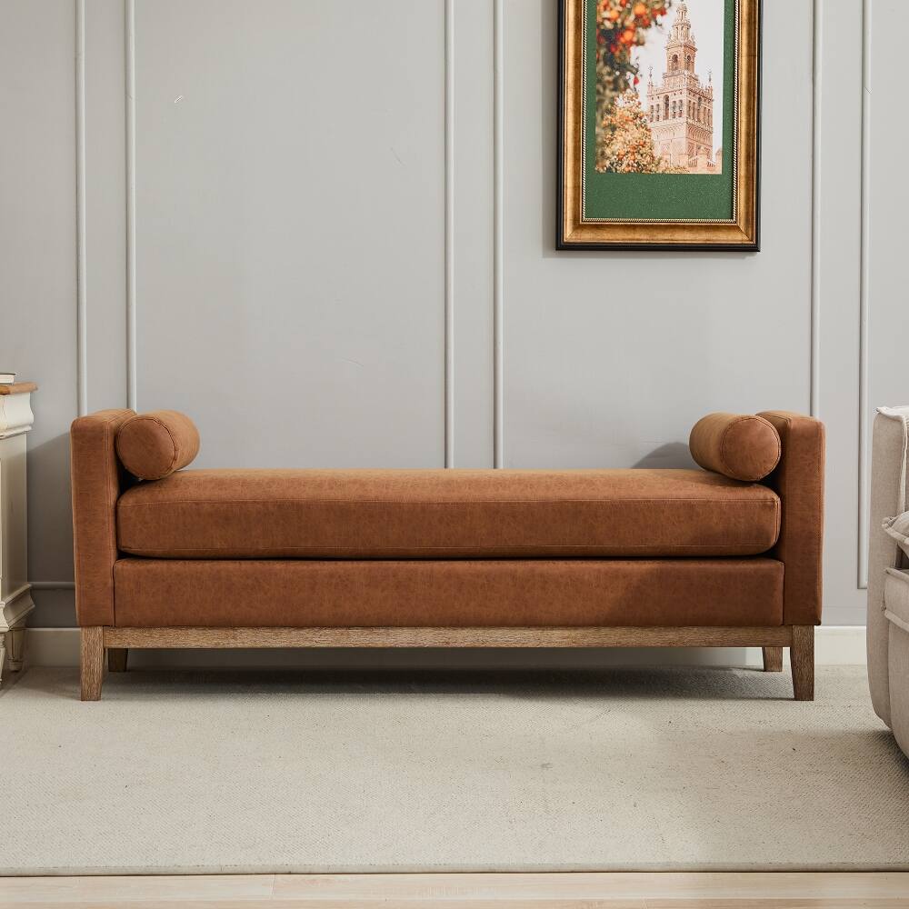 Left. Ropilly - Ropilly Upholstered End of Bed Bench, Brown PU Leather Entryway Bench with Wood Frame, Daybed Footrest Stool Ottoman - Brown.