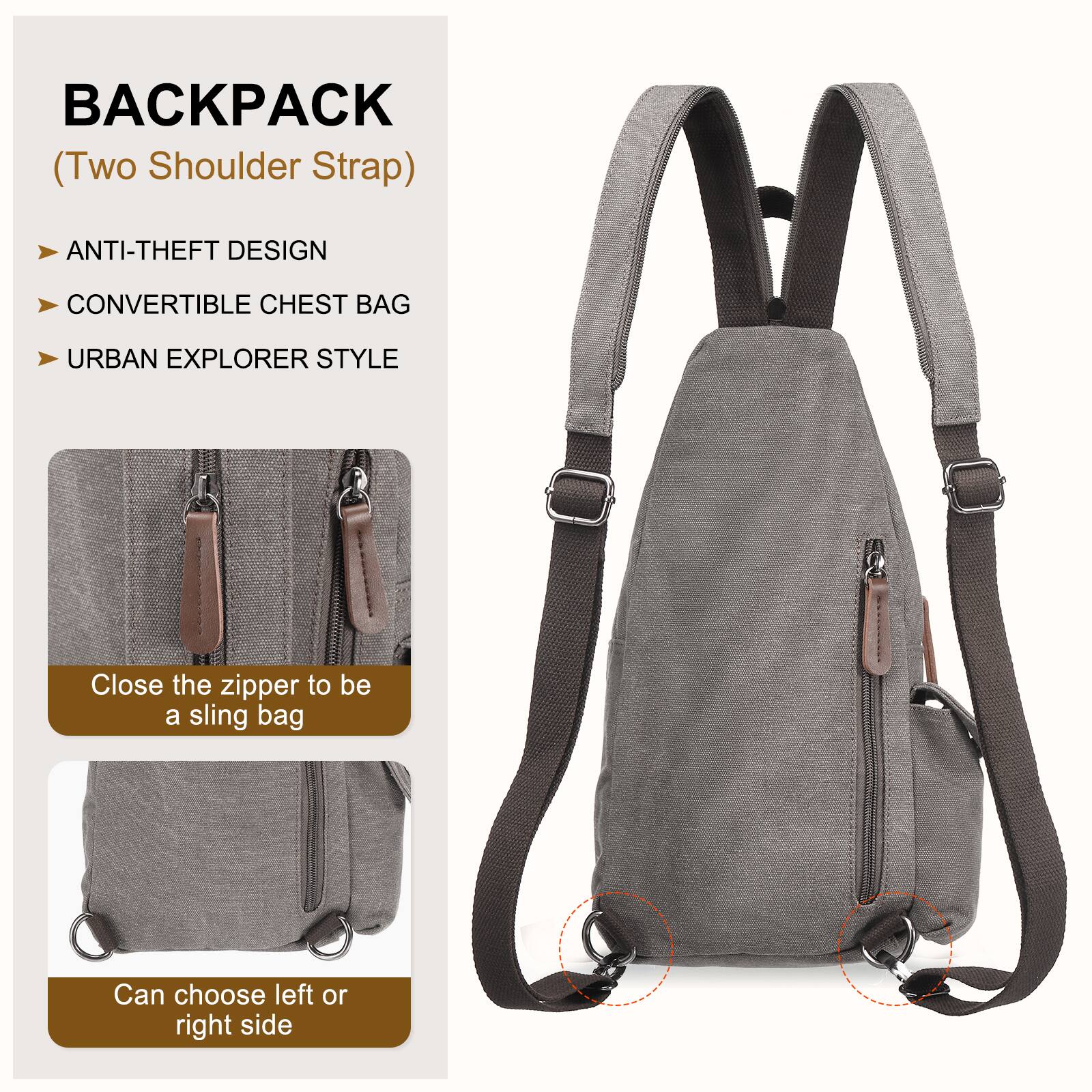 BACKPACK (Two Shoulder Strap)

- ANTI-THEFT DESIGN
- CONVERTIBLE CHEST BAG
- URBAN EXPLORER STYLE

Close the zipper to be a sling bag

Can choose left or right side