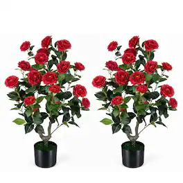 Gymax - 2 Pack Artificial Camellia Tree 35.5'' Faux Flower Plant in Cement-Filled Pot for Home - Red