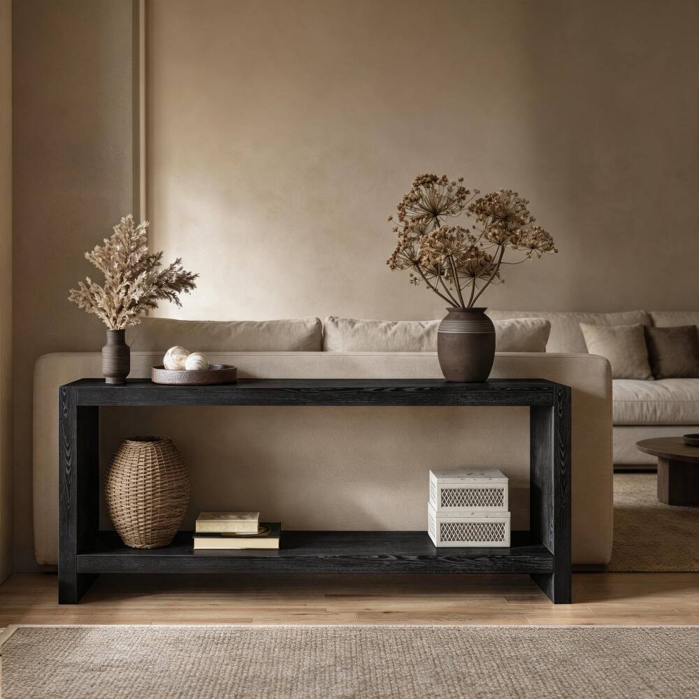 Back. Loheer - Loheer 63 inch farmhouse console table, 2 tier rustic entryway table with wood veneer, black - Black.