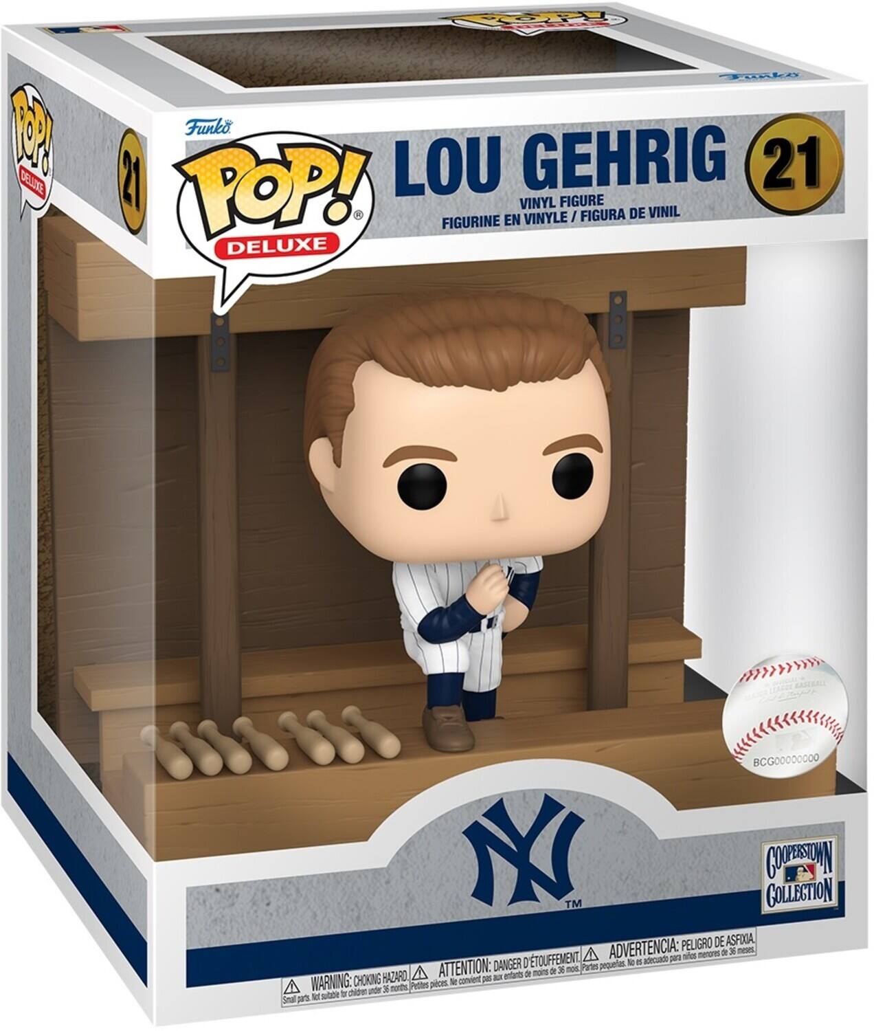POP! DELUXE Funko POP! LOU GEHRIG 21 VINYL FIGURE VINYLE / FIGURA DE VINIL FIGURINE EN DELUXE BCG00000000 NY TM GOLLECTION GOTSN PELIGRO DE ASFIIA D'TOUFFEMENT A ADVERTENCIA: para auhe menures  3 neses DANGER pequertes 10 n adecado ATTENTION:  3 nos Partes anr 9 nons WARNING: CHOKING HAZARD pelces. L convient - - 3 norts Pettes B dhide ande ps M sutabe