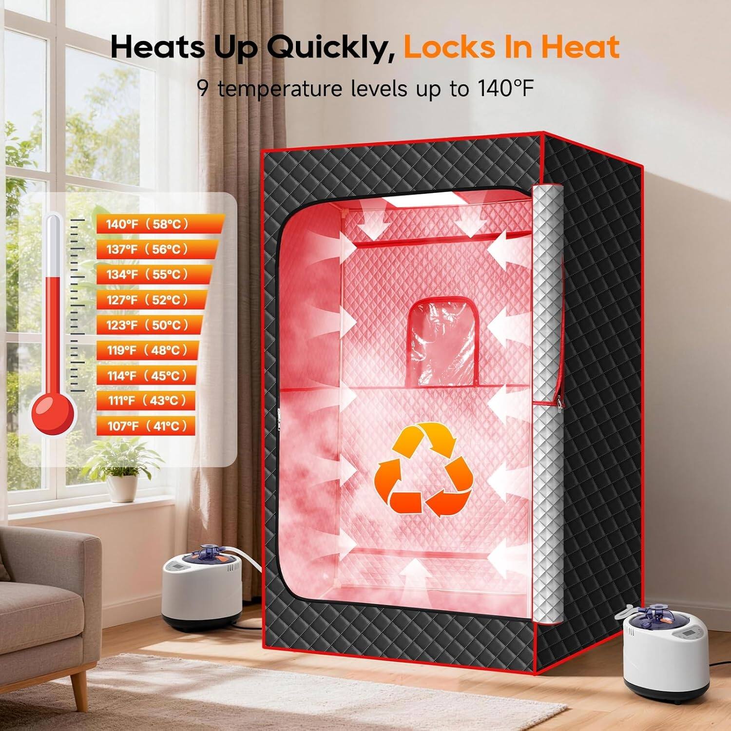Heats Up Quickly, Locks In Heat  
9 temperature levels up to 140°F  
140°F (58°C)  
137°F (56°C)  
134°F (55°C)  
127°F (52°C)  
123°F (50°C)  
119°F (48°C)  
114°F (45°C)  
111°F (43°C)  
107°F (41°C)
