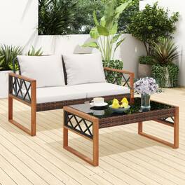 Mondawe - 28x50x31.5 IN Freestanding Patio Loveseat Set PE Wicker with Table and Cushions 2-Piece - Mix Brown+Off White